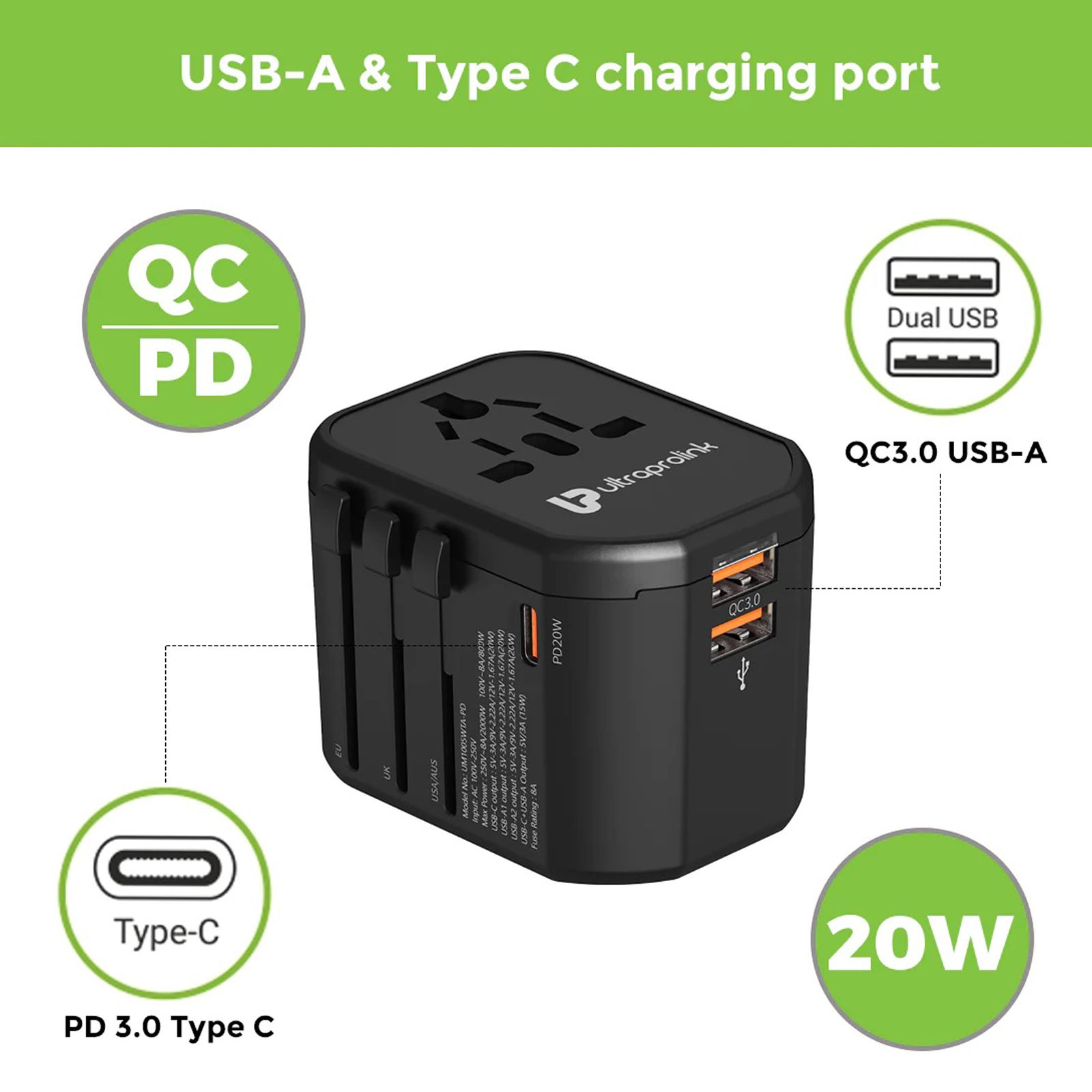 ultraprolink TravelMate 3 Plugs Travel Adapter (Worldwide Voltage Compatible, UM1005WTA-PD, Black) ultraprolink TravelMate 3 Plugs Travel Adapter (Worldwide Voltage Compatible, UM1005WTA-PD, Black)_5