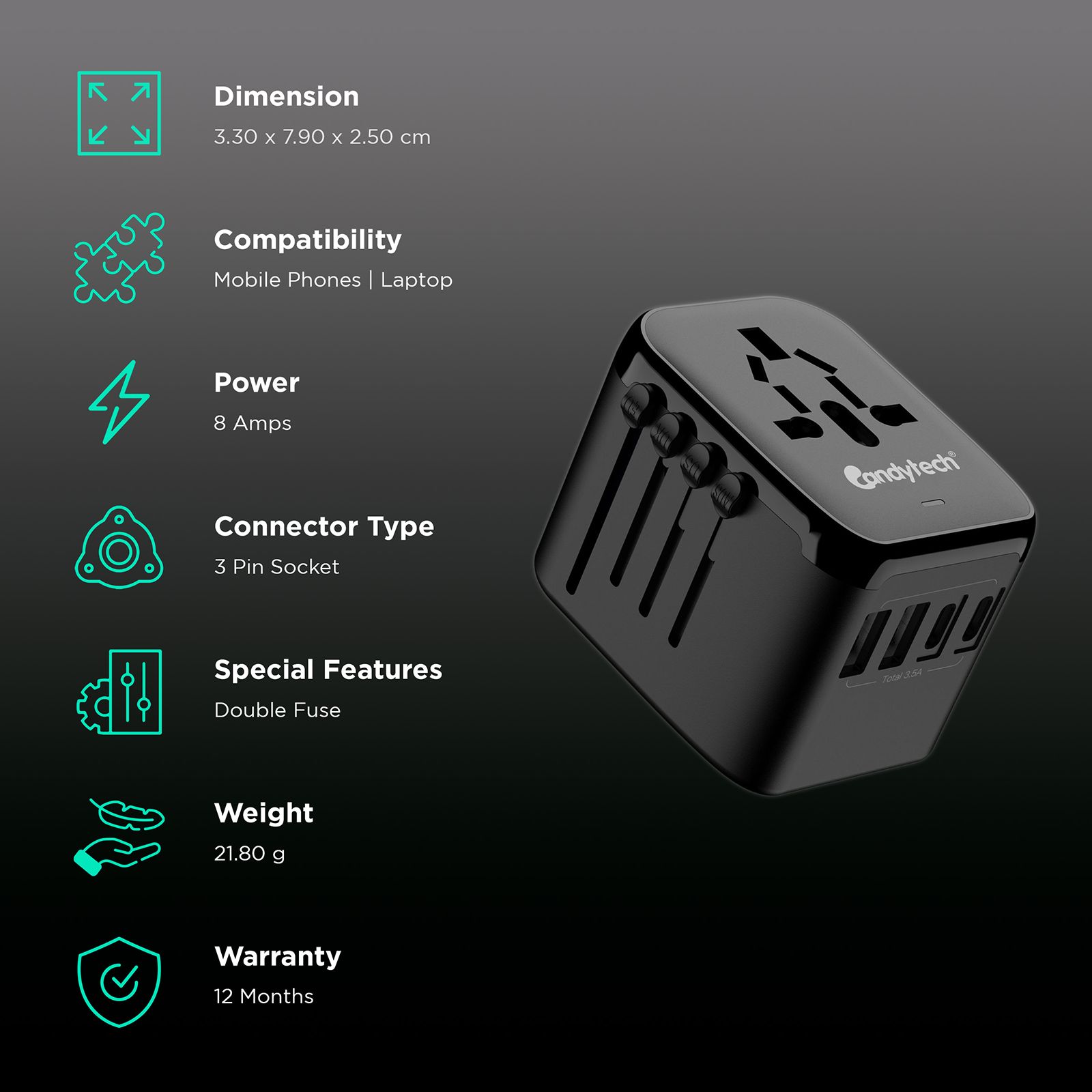 Candytech CT C11 4 Plugs 150 Countries Travel Adapter (Double Fuse, Black) Candytech CT C11 4 Plugs 150 Countries Travel Adapter (Double Fuse, Black)_3