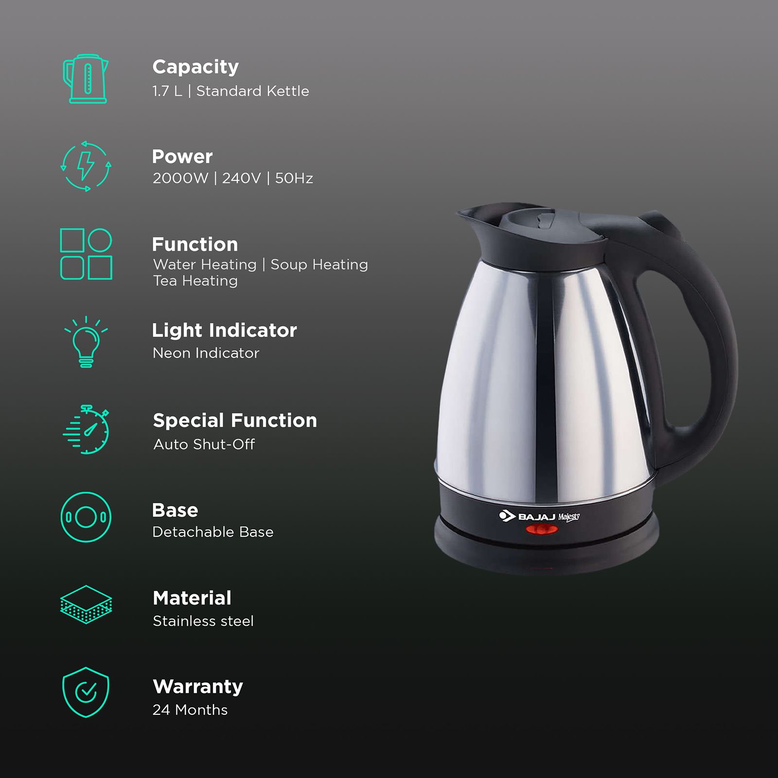 BAJAJ Majesty 2000 Watt 1.7 Litre Electric Kettle with Auto Shut Off Function (Black) BAJAJ Majesty 2000 Watt 1.7 Litre Electric Kettle with Auto Shut Off Function (Black)_3