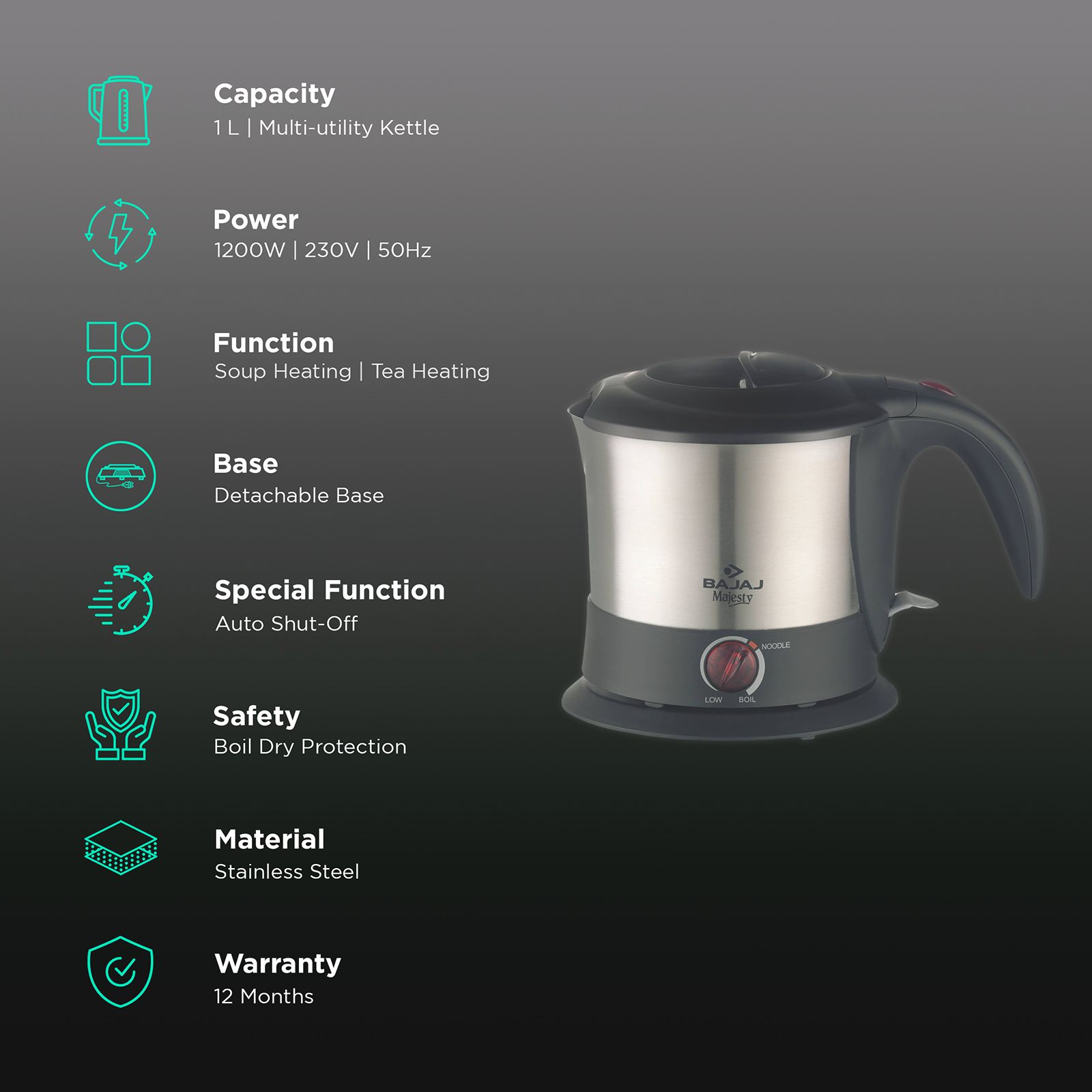 BAJAJ KTX 09 1200 Watt 1 Litre Electric Kettle with Concealed Heating Element (Steel) BAJAJ KTX 09 1200 Watt 1 Litre Electric Kettle with Concealed Heating Element (Steel)_2
