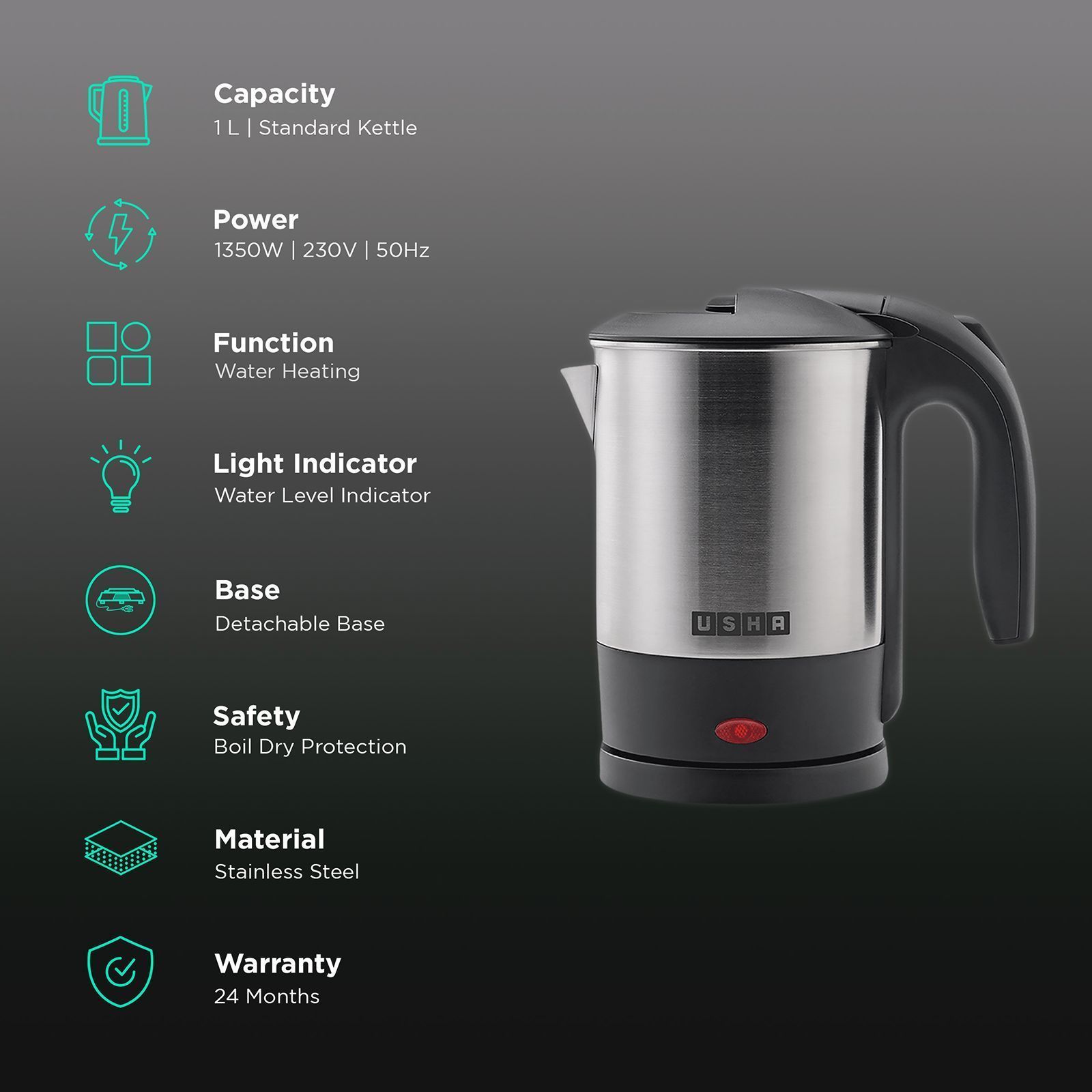 USHA EK3710 1350 Watt 1 Litre Electric Kettle with Boil Dry Protection (Silver)_3
