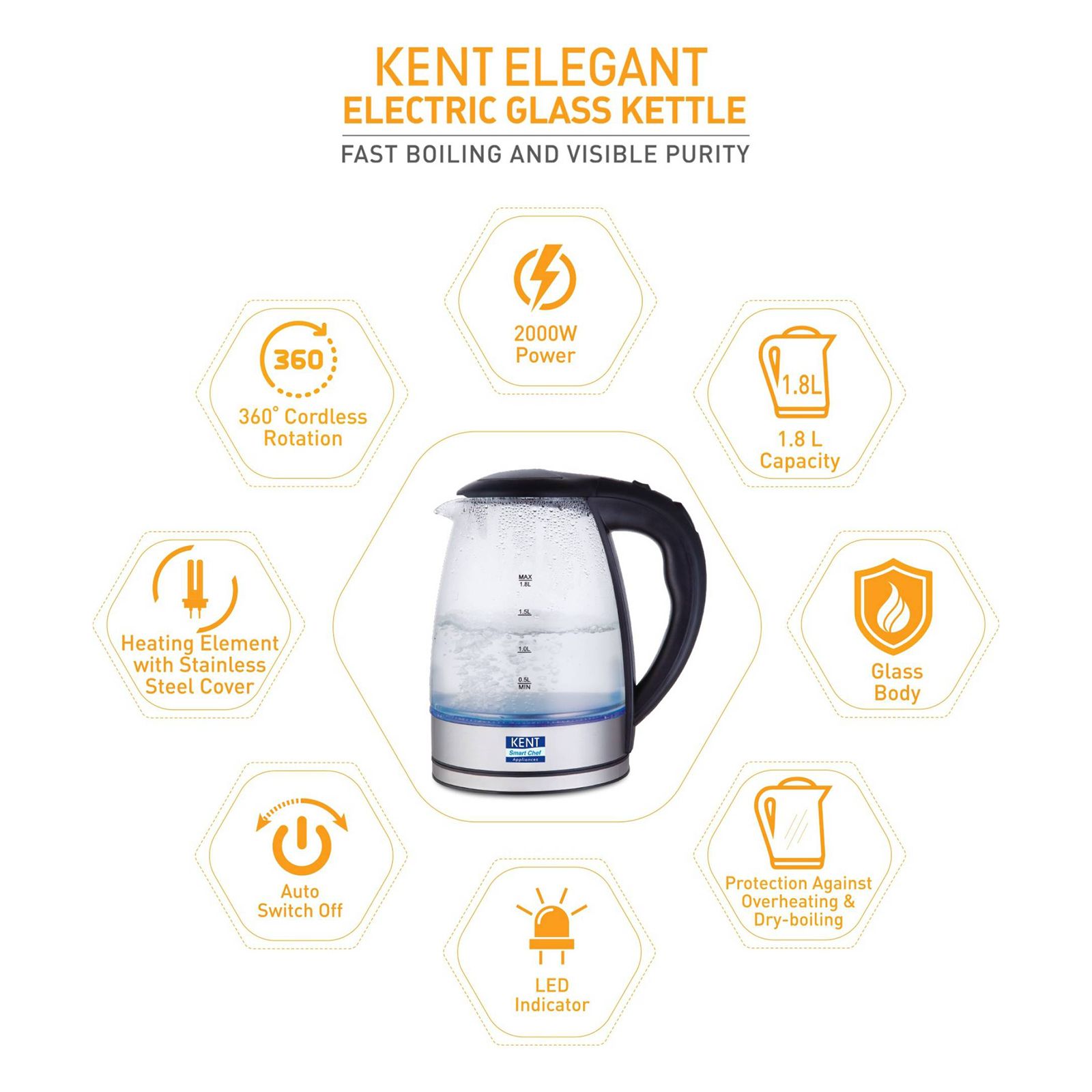 KENT Elegant 2000 Watt 1.8 Litre Electric Kettle with 360 Degree Rotation Base (Transparent) KENT Elegant 2000 Watt 1.8 Litre Electric Kettle with 360 Degree Rotation Base (Transparent)_9