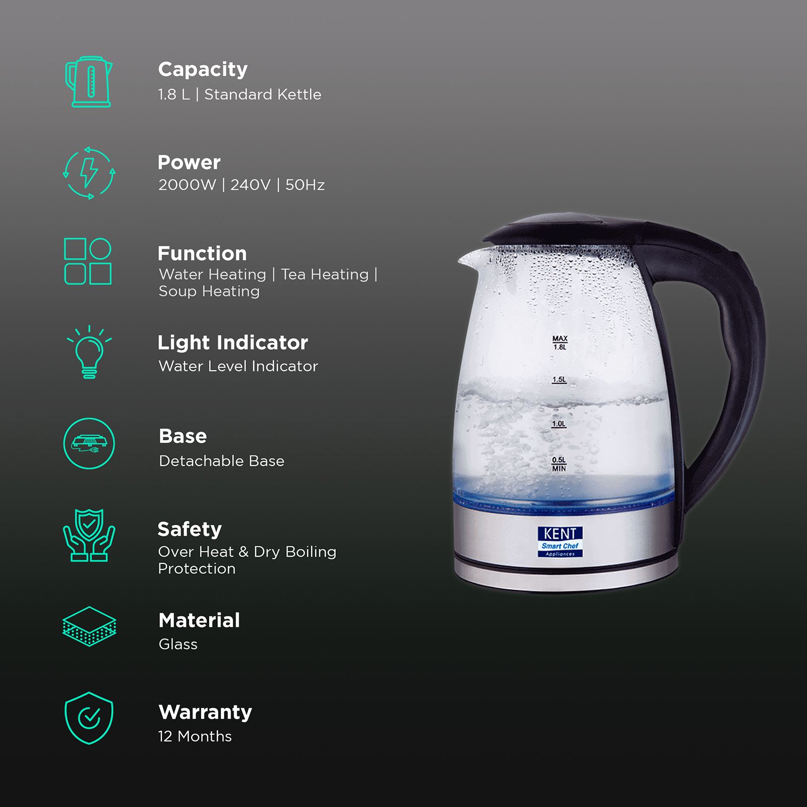KENT Elegant 2000 Watt 1.8 Litre Electric Kettle with 360 Degree Rotation Base (Transparent) KENT Elegant 2000 Watt 1.8 Litre Electric Kettle with 360 Degree Rotation Base (Transparent)_3