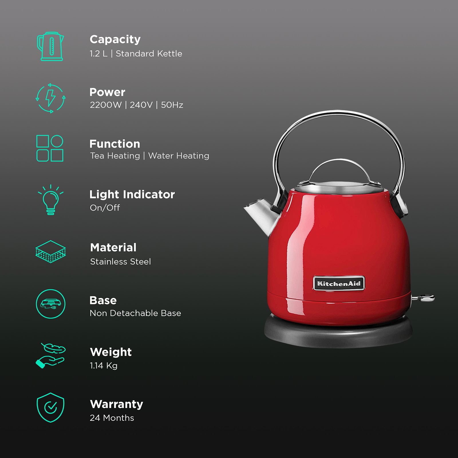 KitchenAid Stella 2200 Watt 1.2 Litre Electric Kettle with LED Indicator Light with On/Off Switch (Empire Red) KitchenAid Stella 2200 Watt 1.2 Litre Electric Kettle with LED Indicator Light with On/Off Switch (Empire Red)_3