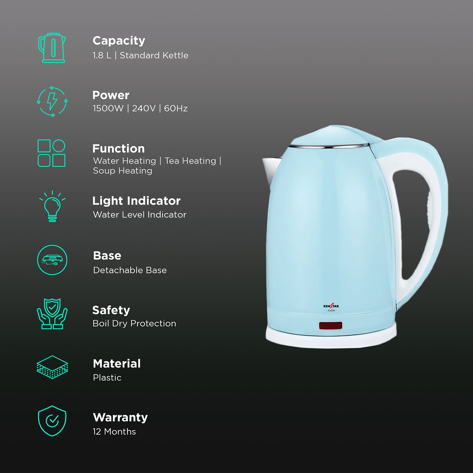 KENSTAR Kaldo 1500 Watt 1.8 Litre Electric Kettle with Boil Dry Protection (Blue)_3