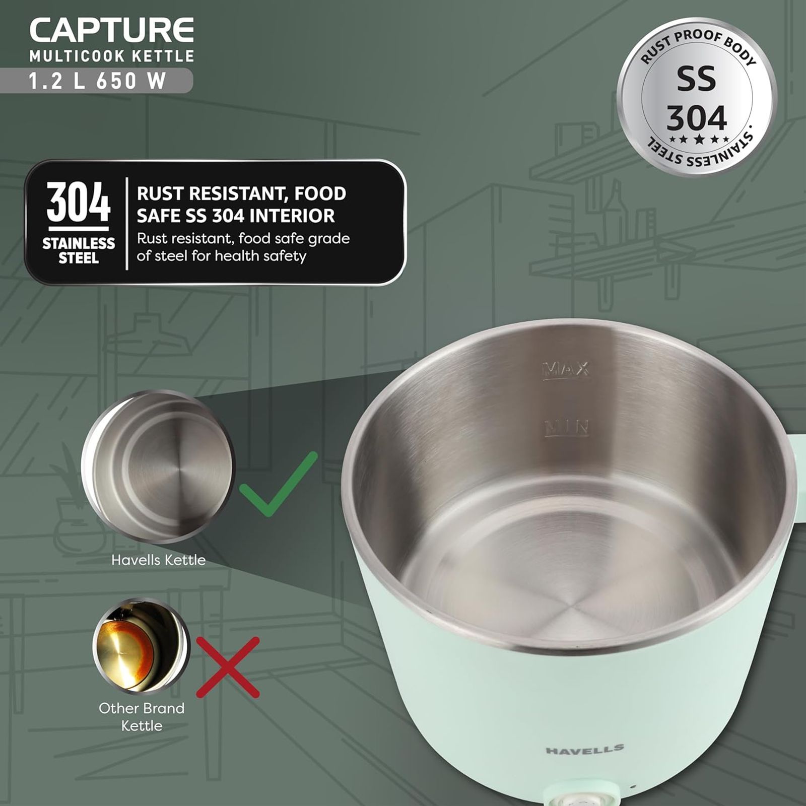 HAVELLS Capture 650 Watt 1.2 Litre Multi Cook Electric Kettle with Auto Shut Off (Light Green) HAVELLS Capture 650 Watt 1.2 Litre Multi Cook Electric Kettle with Auto Shut Off (Light Green)_17