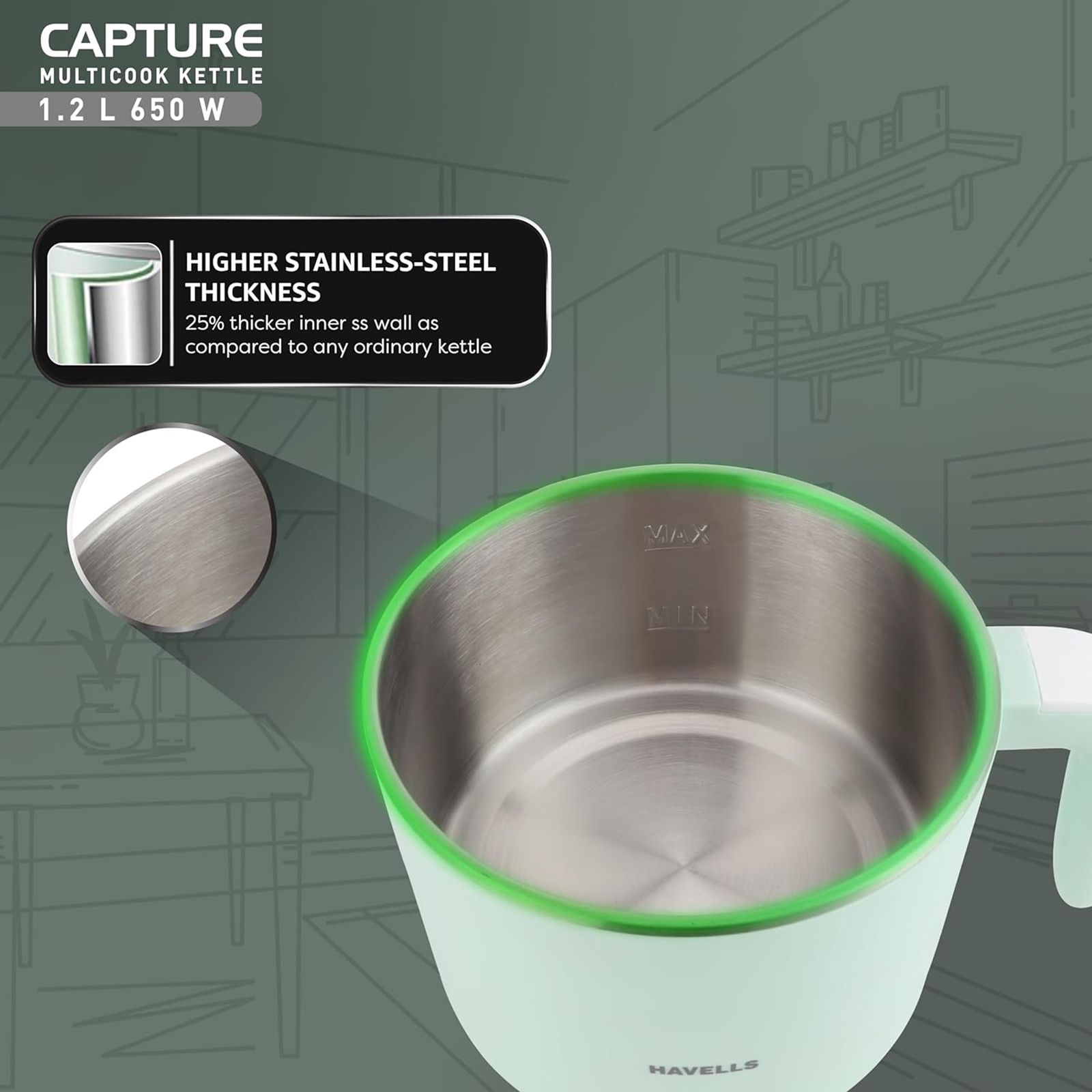 HAVELLS Capture 650 Watt 1.2 Litre Multi Cook Electric Kettle with Auto Shut Off (Light Green) HAVELLS Capture 650 Watt 1.2 Litre Multi Cook Electric Kettle with Auto Shut Off (Light Green)_20