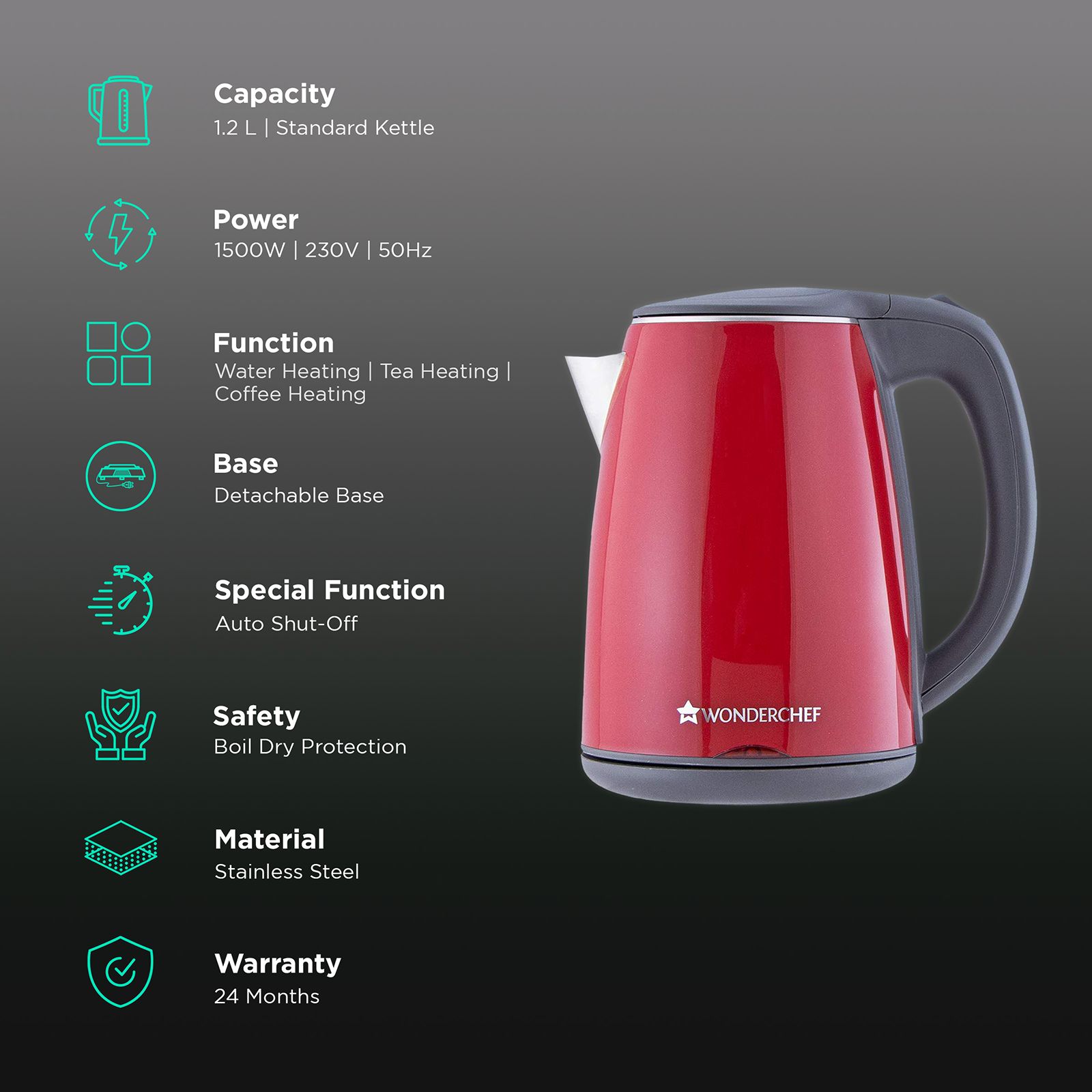 WONDERCHEF Crimson Edge 1500 Watt 1.2 Litre Electric Kettle with Auto Shut Off (Red) WONDERCHEF Crimson Edge 1500 Watt 1.2 Litre Electric Kettle with Auto Shut Off (Red)_3