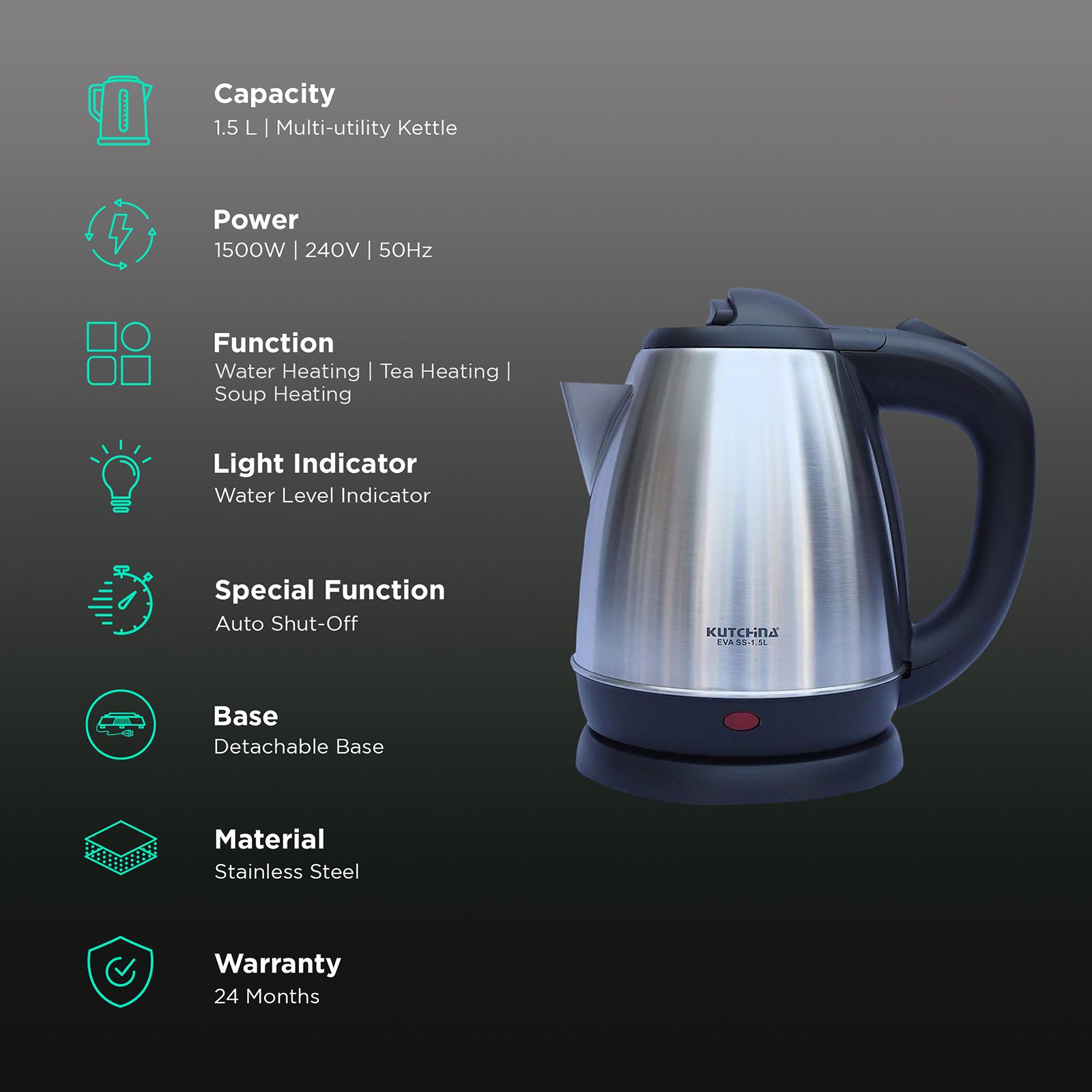 Kutchina Eva 1500 Watt 1.5 Litre Electric Kettle with Auto Shut Off (Silver)_3