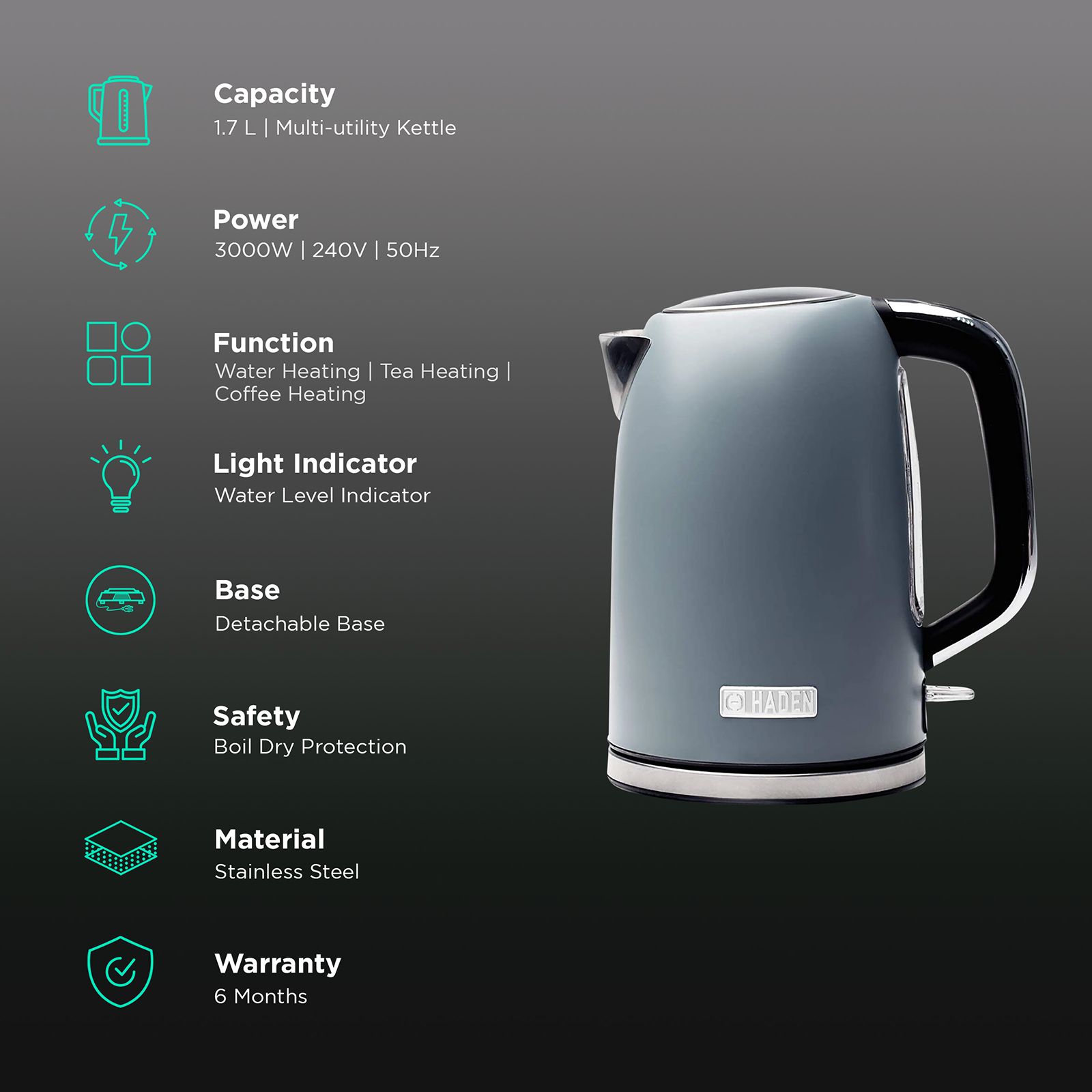 HADEN Perth Slate 3000 Watt 1.7 Litre Electric Kettle with Boil Dry Protection (Grey) HADEN Perth Slate 3000 Watt 1.7 Litre Electric Kettle with Boil Dry Protection (Grey)_3