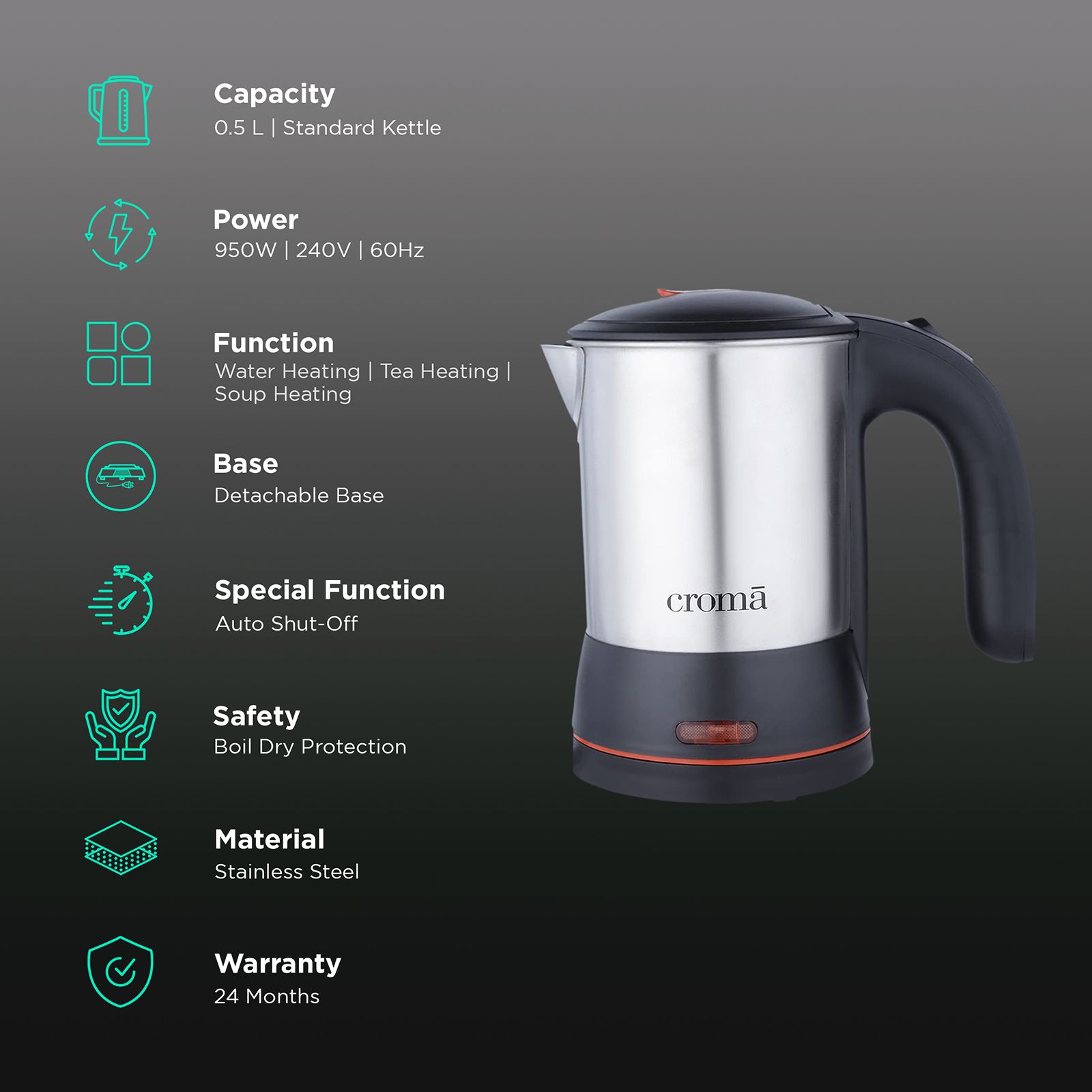 Croma 950 Watt 0.5 Litre Electric Kettle with Auto Shut Off (Black) Croma 950 Watt 0.5 Litre Electric Kettle with Auto Shut Off (Black)_3