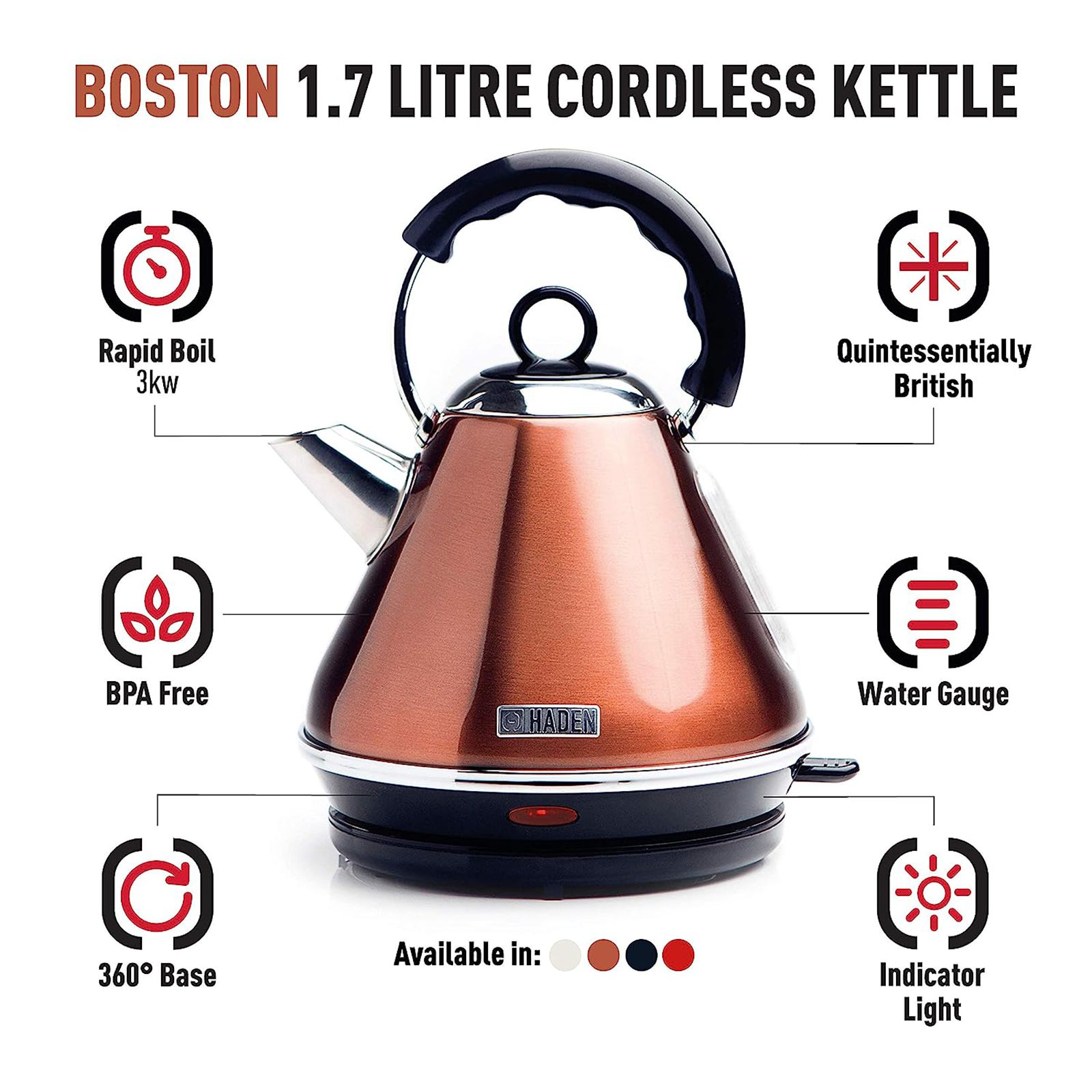 HADEN Boston 3000 Watt 1.7 Litre Electric Kettle with Water Level Indicator (Copper)_10