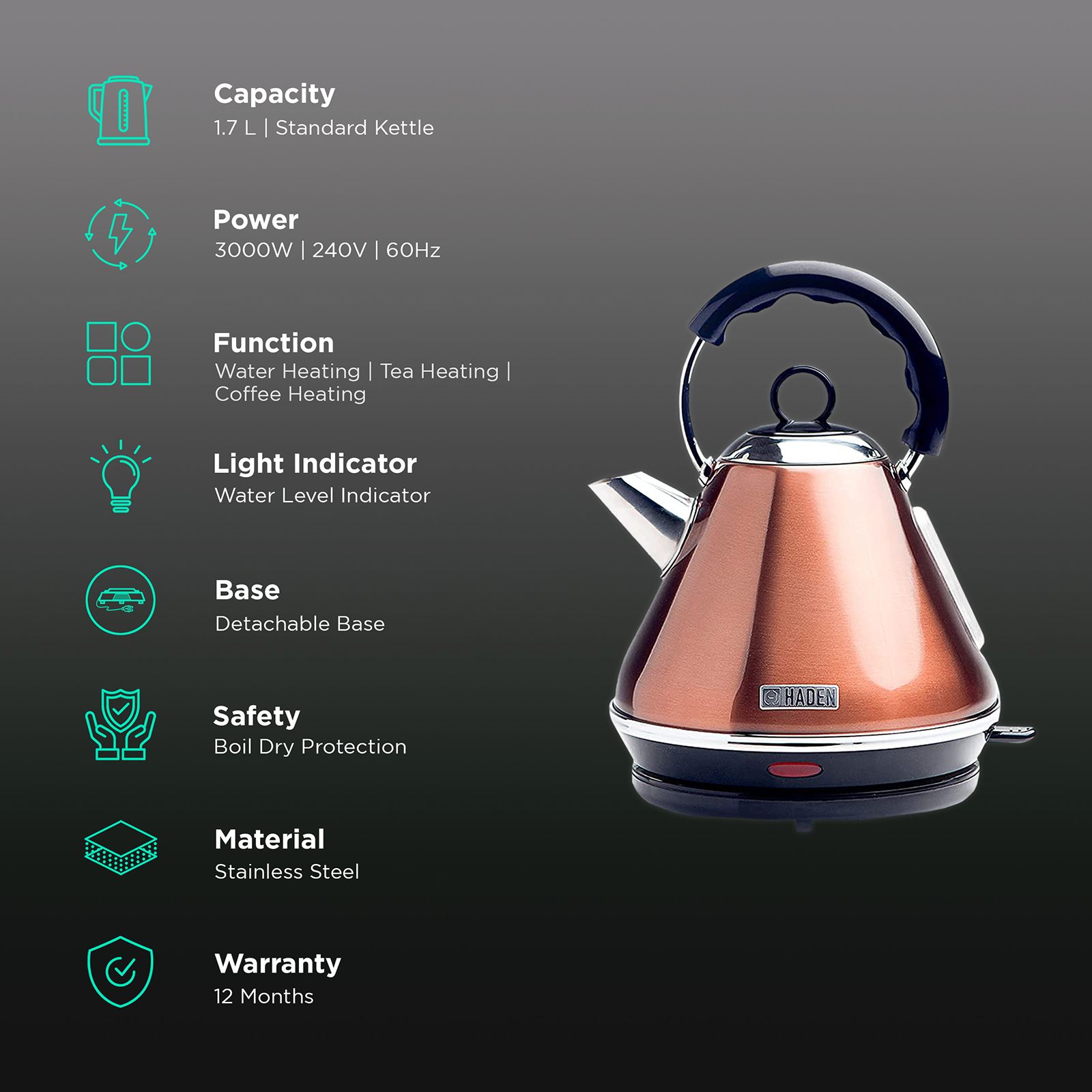 HADEN Boston 3000 Watt 1.7 Litre Electric Kettle with Water Level Indicator (Copper)_3