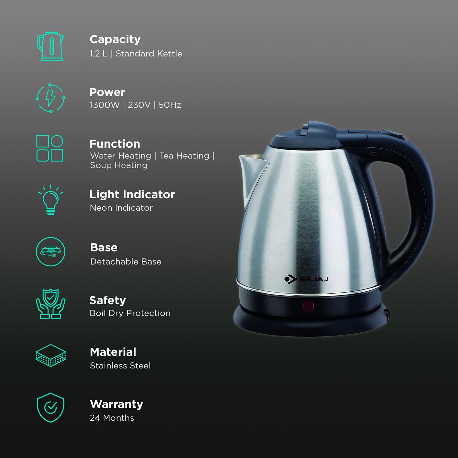 BAJAJ 1300 Watt 1.2 Litre Electric Kettle with 360 Degree Connector (Black)_3