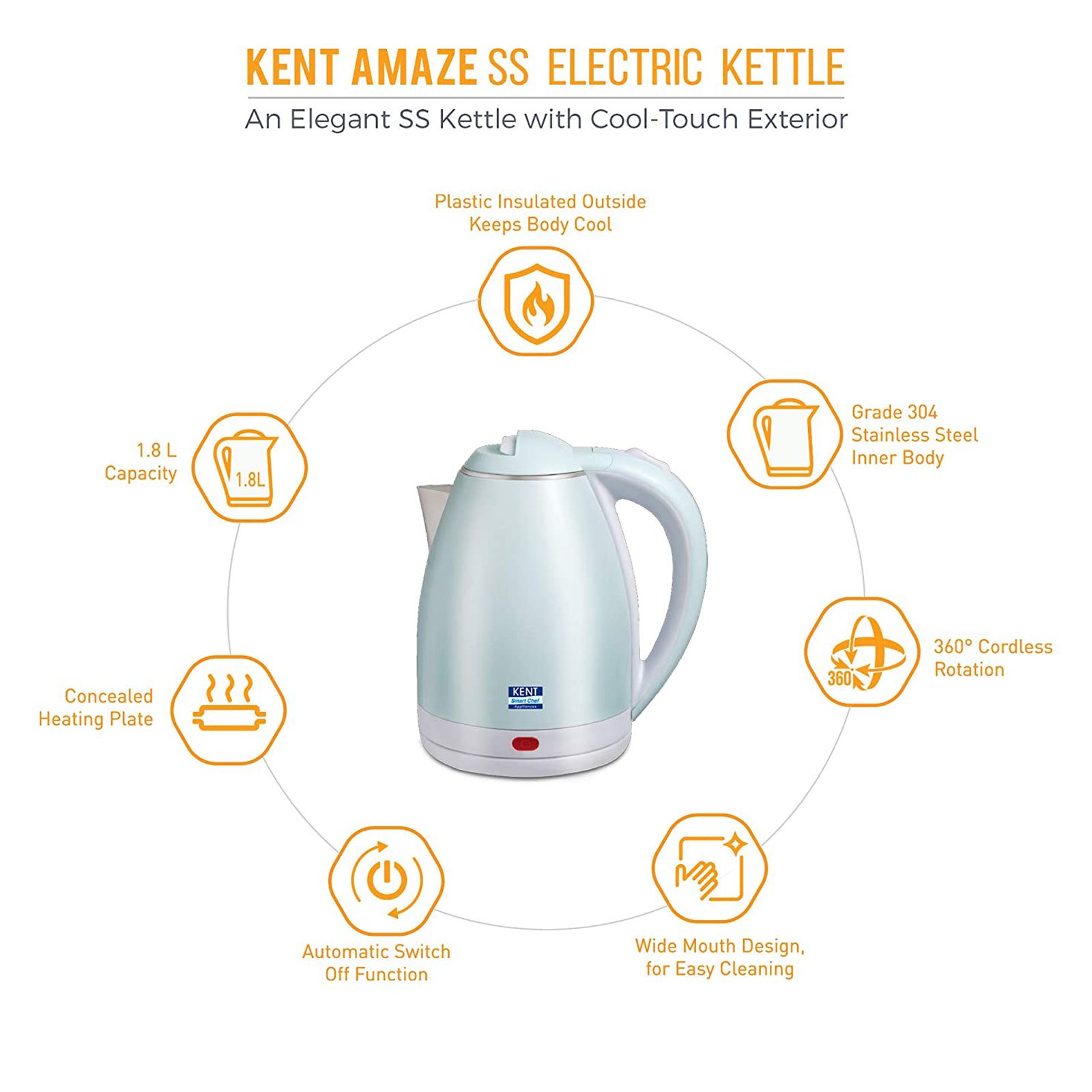 KENT Amaze 1500 Watt 1.8 Litre Electric Kettle with 360 Degree Rotation Base (White) KENT Amaze 1500 Watt 1.8 Litre Electric Kettle with 360 Degree Rotation Base (White)_9