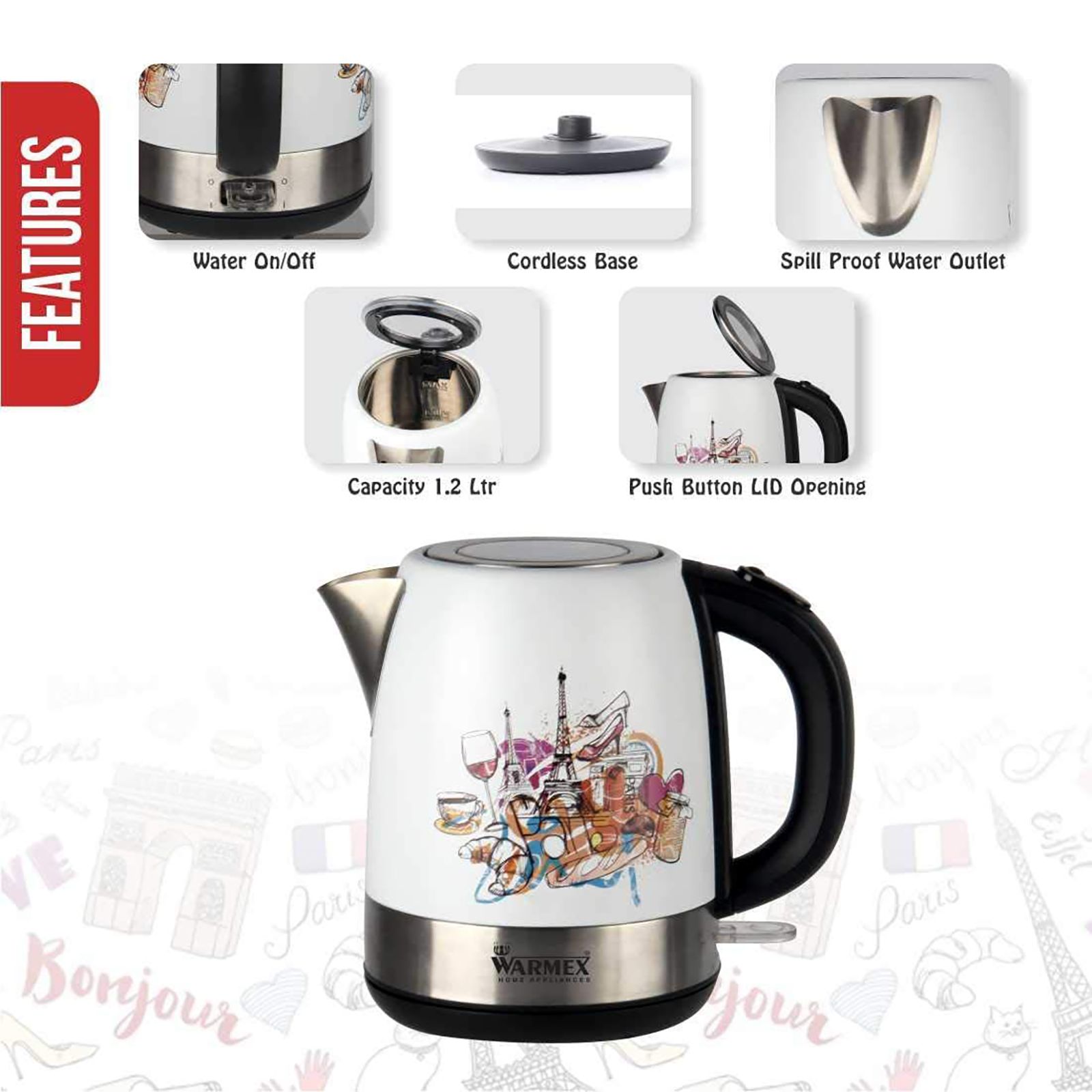 WARMEX Bonjour 2000 Watt 1.2 Litre Electric Kettle with Auto Shut Off (White) WARMEX Bonjour 2000 Watt 1.2 Litre Electric Kettle with Auto Shut Off (White)_15