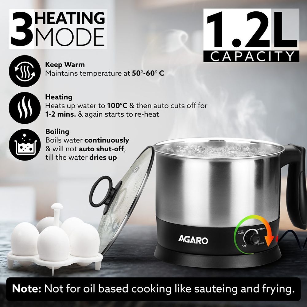 AGARO Esteem 600 Watt 1.2 Litre Multi Cook Electric Kettle with Rapid Boil Technology (Silver/Black) AGARO Esteem 600 Watt 1.2 Litre Multi Cook Electric Kettle with Rapid Boil Technology (Silver/Black)_16