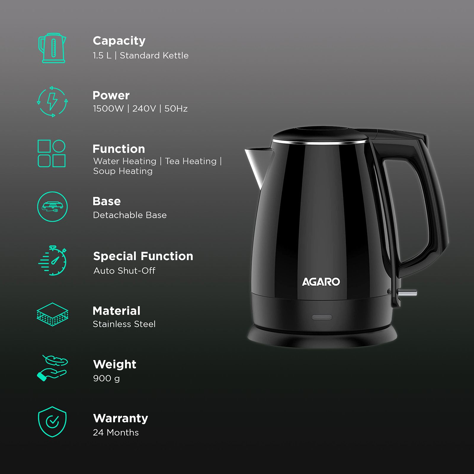 AGARO Royal 1500 Watt 1.5 Litre Electric Kettle with Auto Shut Off (Black)_3