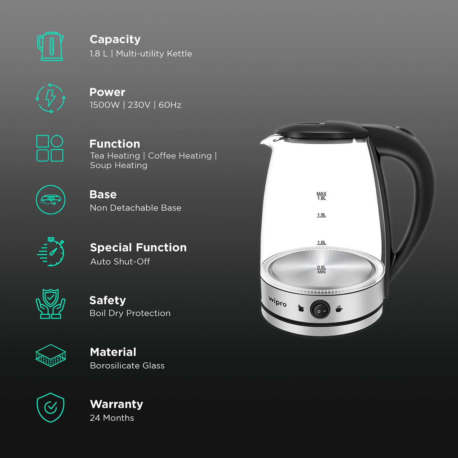 wipro Vesta 1500 Watt 1.8 Litre Electric Kettle with Stylish Blue LED Lights (Glass) wipro Vesta 1500 Watt 1.8 Litre Electric Kettle with Stylish Blue LED Lights (Glass)_3