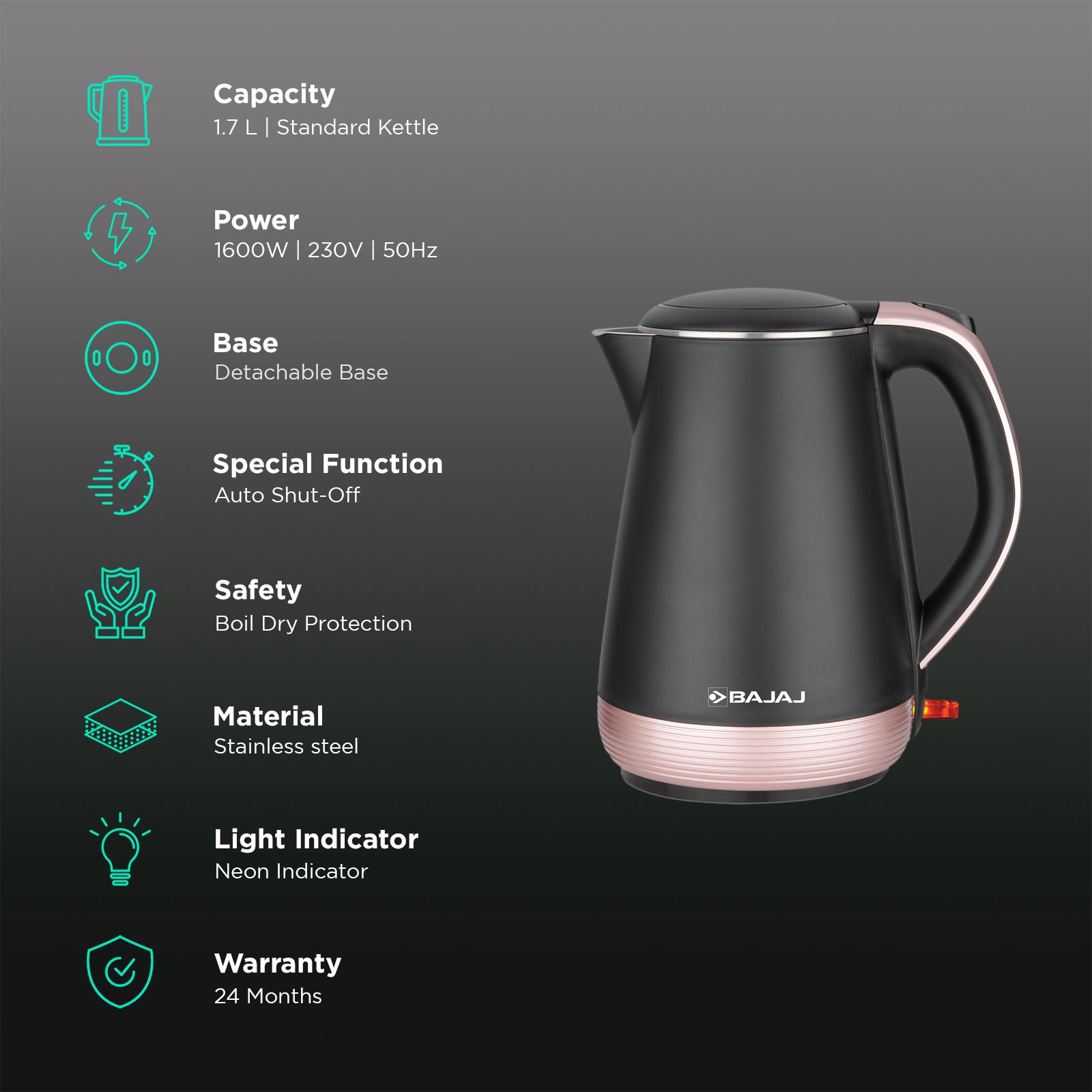 BAJAJ KTP 1300 Watt 1.7 Litre Electric Kettle with Cool Touch Body (Black & Gold) BAJAJ KTP 1300 Watt 1.7 Litre Electric Kettle with Cool Touch Body (Black & Gold)_3