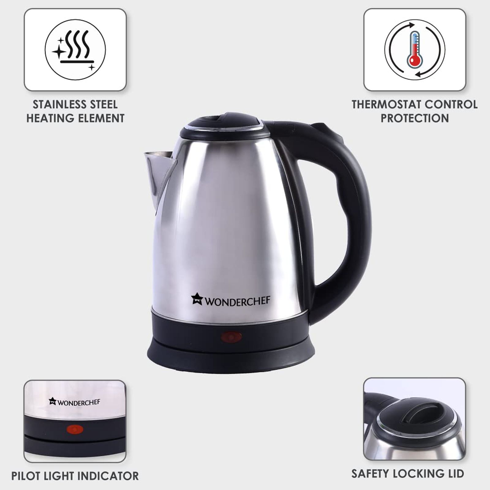 WONDERCHEF Crescent 1800 Watt 1.8 Litre Electric Kettle with Safety Locking Lid (Silver) WONDERCHEF Crescent 1800 Watt 1.8 Litre Electric Kettle with Safety Locking Lid (Silver)_11