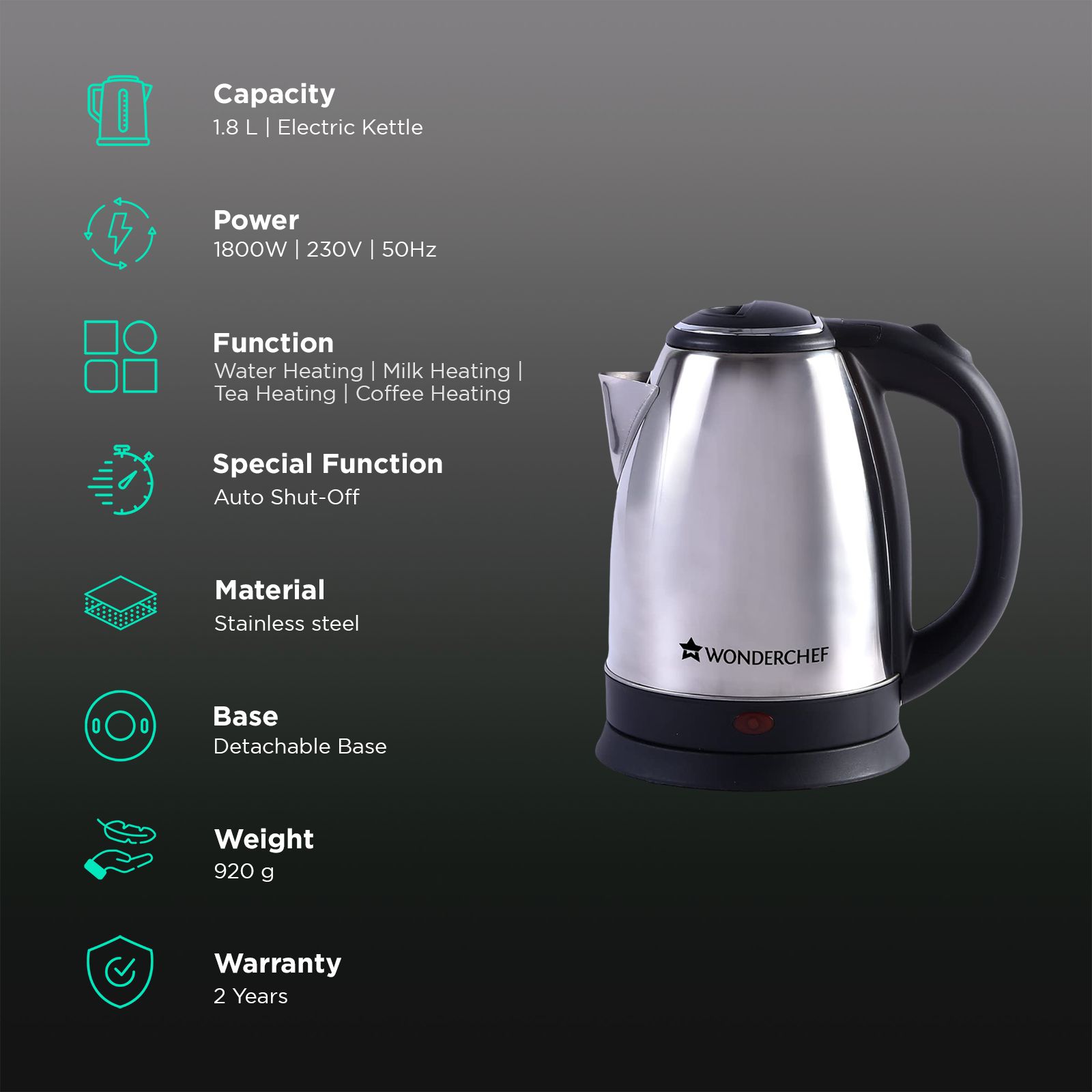 WONDERCHEF Crescent 1800 Watt 1.8 Litre Electric Kettle with Safety Locking Lid (Silver) WONDERCHEF Crescent 1800 Watt 1.8 Litre Electric Kettle with Safety Locking Lid (Silver)_3
