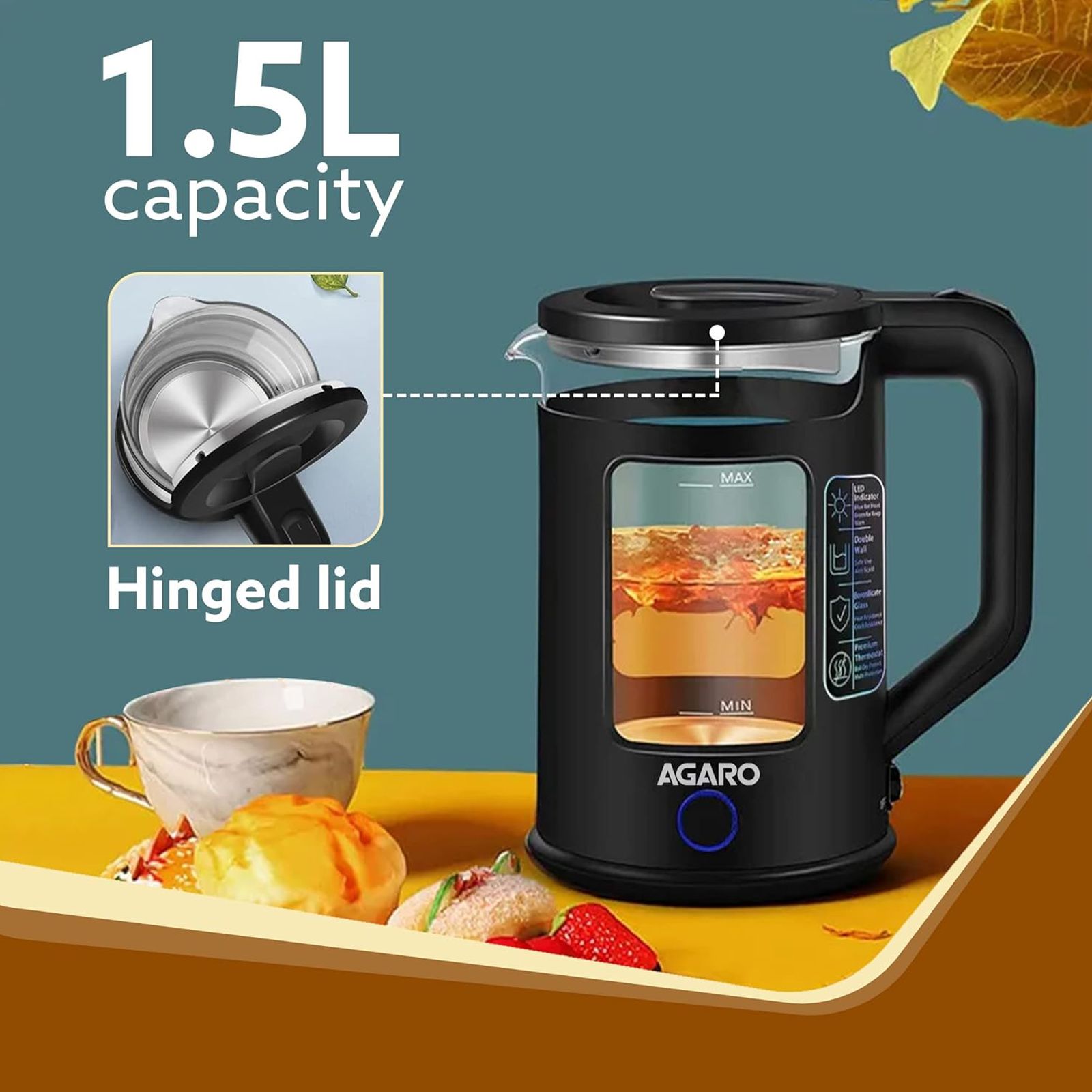 AGARO Galaxy 1355 Watt 1.5 Litre Electric Kettle with Keep Warm Function (Black)_6
