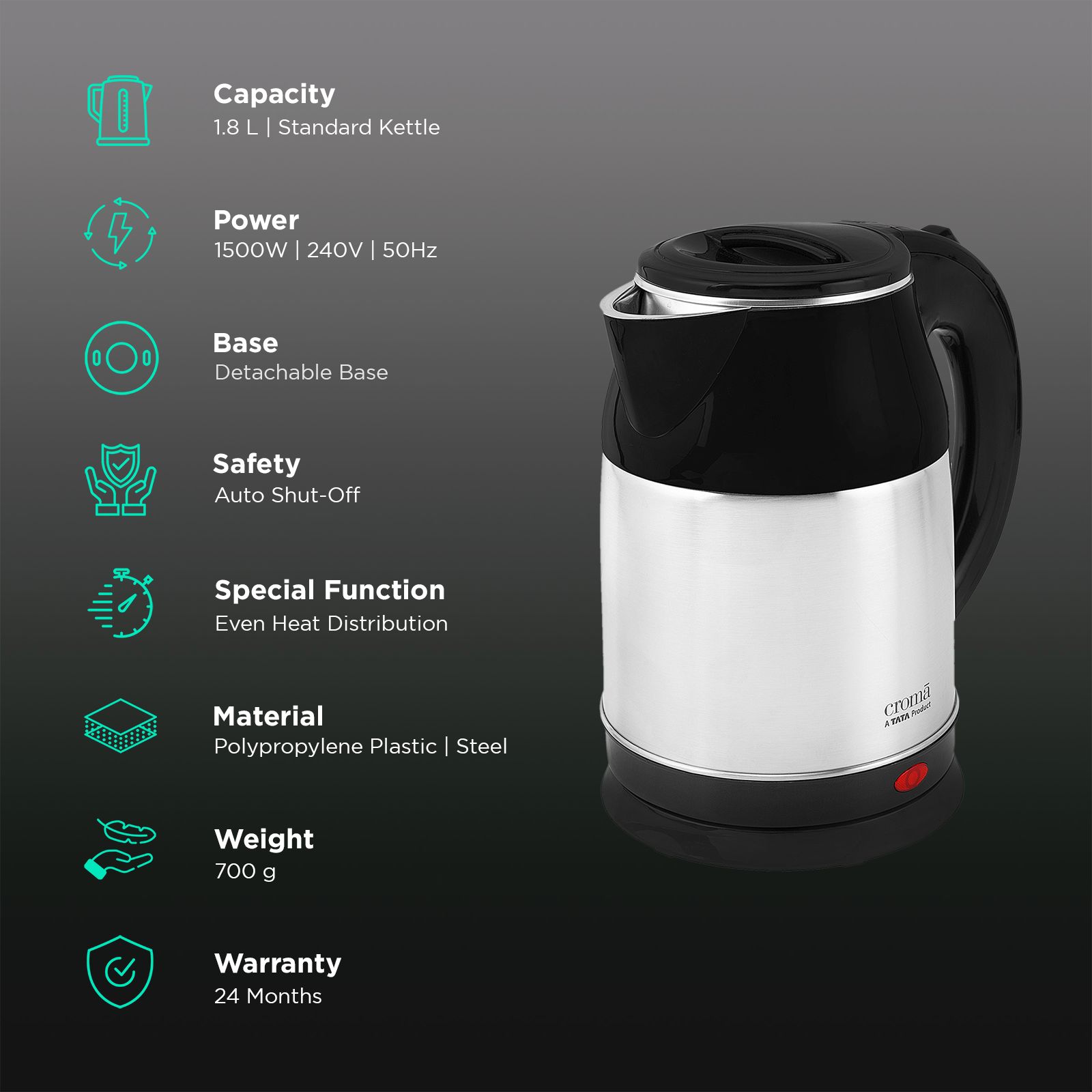 Croma 1500 Watt 1.8 Litre Electric Kettle with Auto Shut-off (Black & Silver) Croma 1500 Watt 1.8 Litre Electric Kettle with Auto Shut-off (Black & Silver)_2