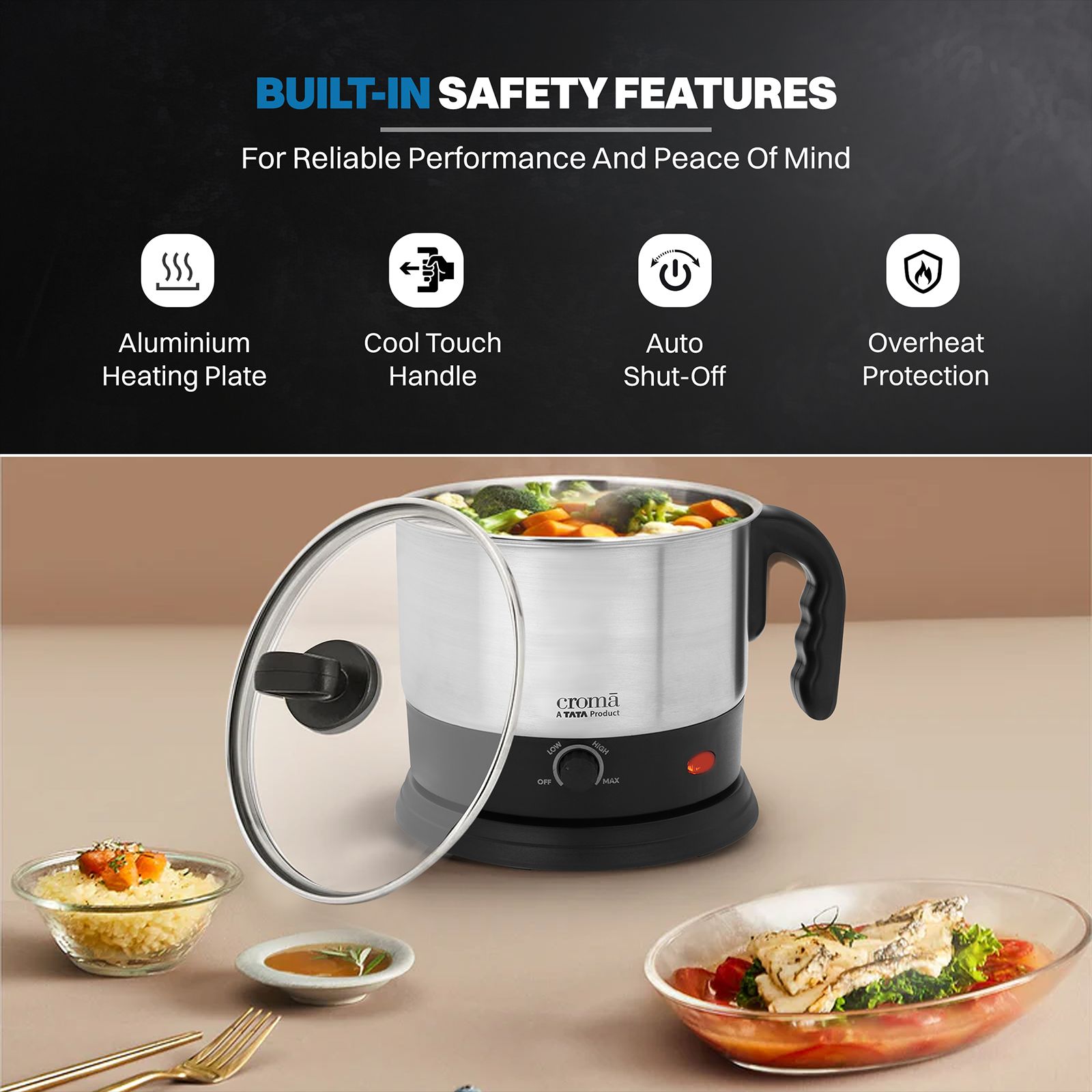 Croma 600 Watt 1.3 Litre Multi Cook Kettle with Auto Shut-off (Black and Silver) Croma 600 Watt 1.3 Litre Multi Cook Kettle with Auto Shut-off (Black and Silver)_18