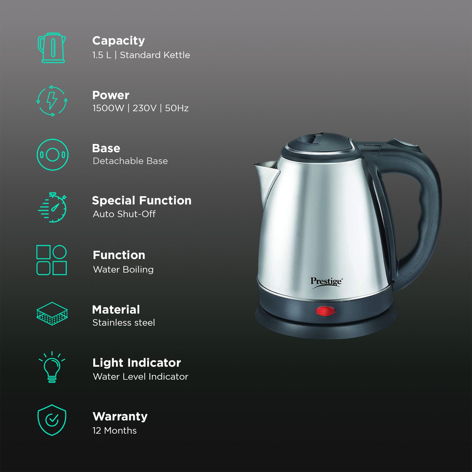 Prestige PKOSS 1500 Watt 1.5 Litre Electric Kettle with 360 Degree Swivel (Silver) Prestige PKOSS 1500 Watt 1.5 Litre Electric Kettle with 360 Degree Swivel (Silver)_3