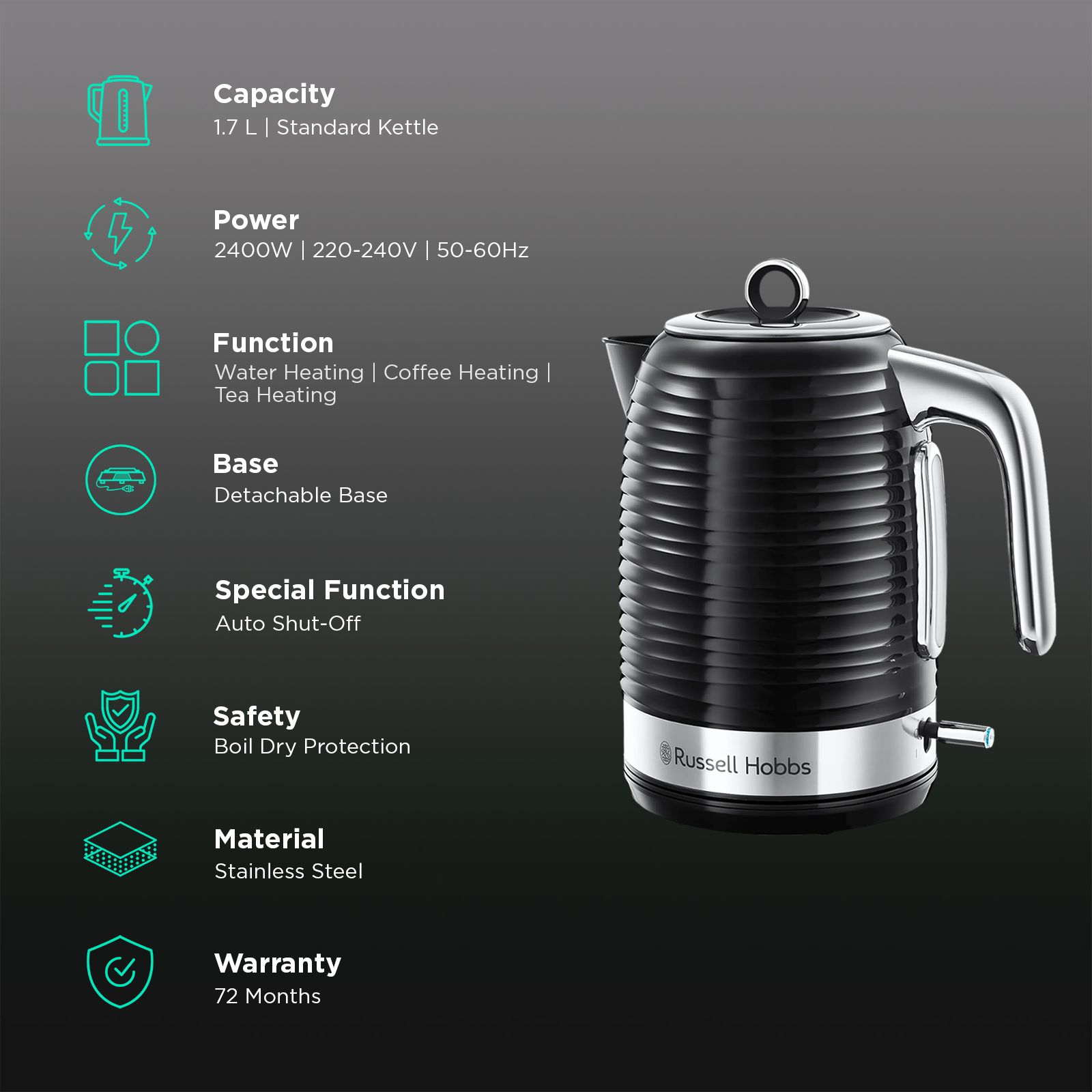 Russell Hobbs Inspire 2400 Watt 1.7 Litre Electric Kettle with 360 Degree Cordless Base (Black)_3