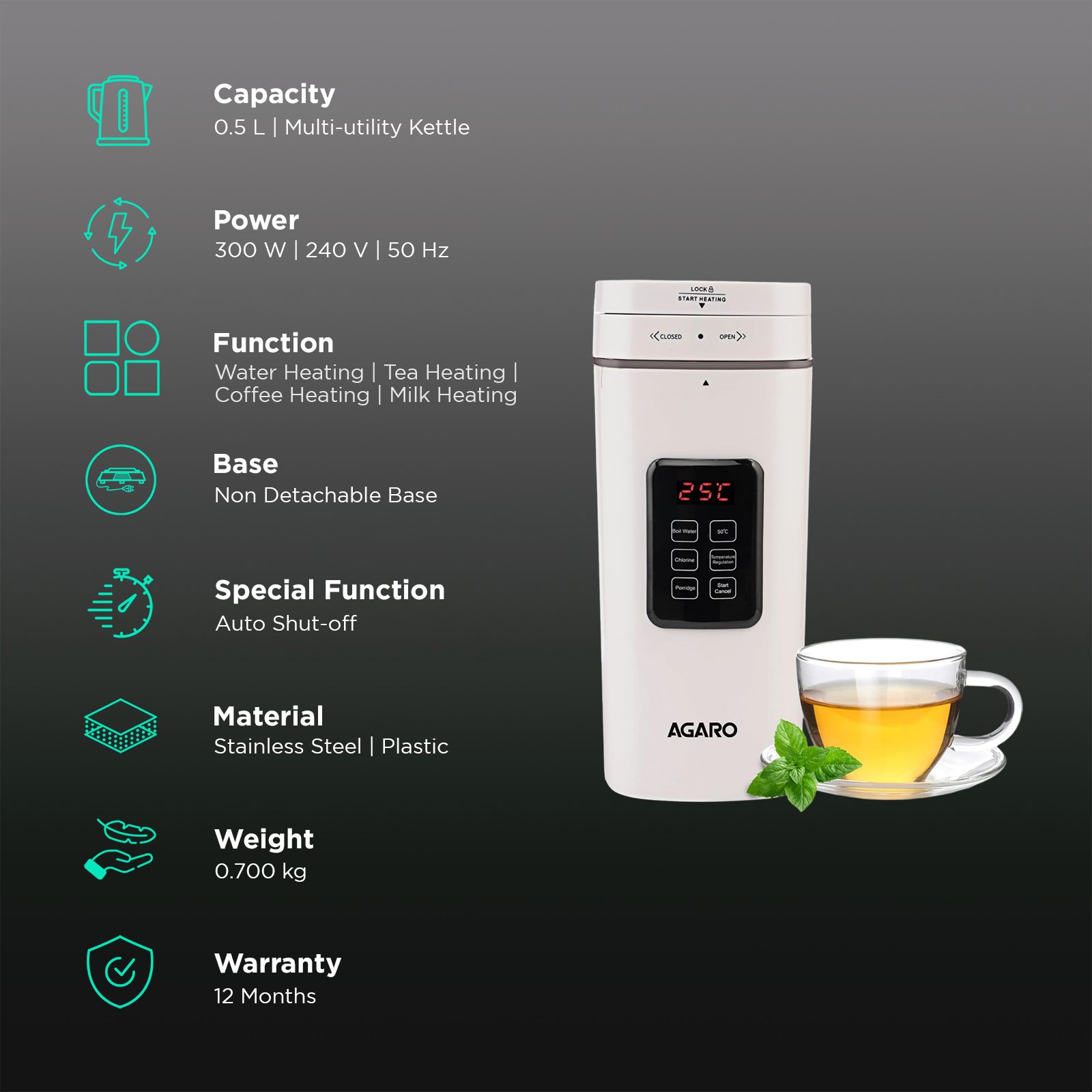 AGARO Delite 0.5 Litre Electric Kettle with Adjustable Temperature Settings (White) AGARO Delite 0.5 Litre Electric Kettle with Adjustable Temperature Settings (White)_3