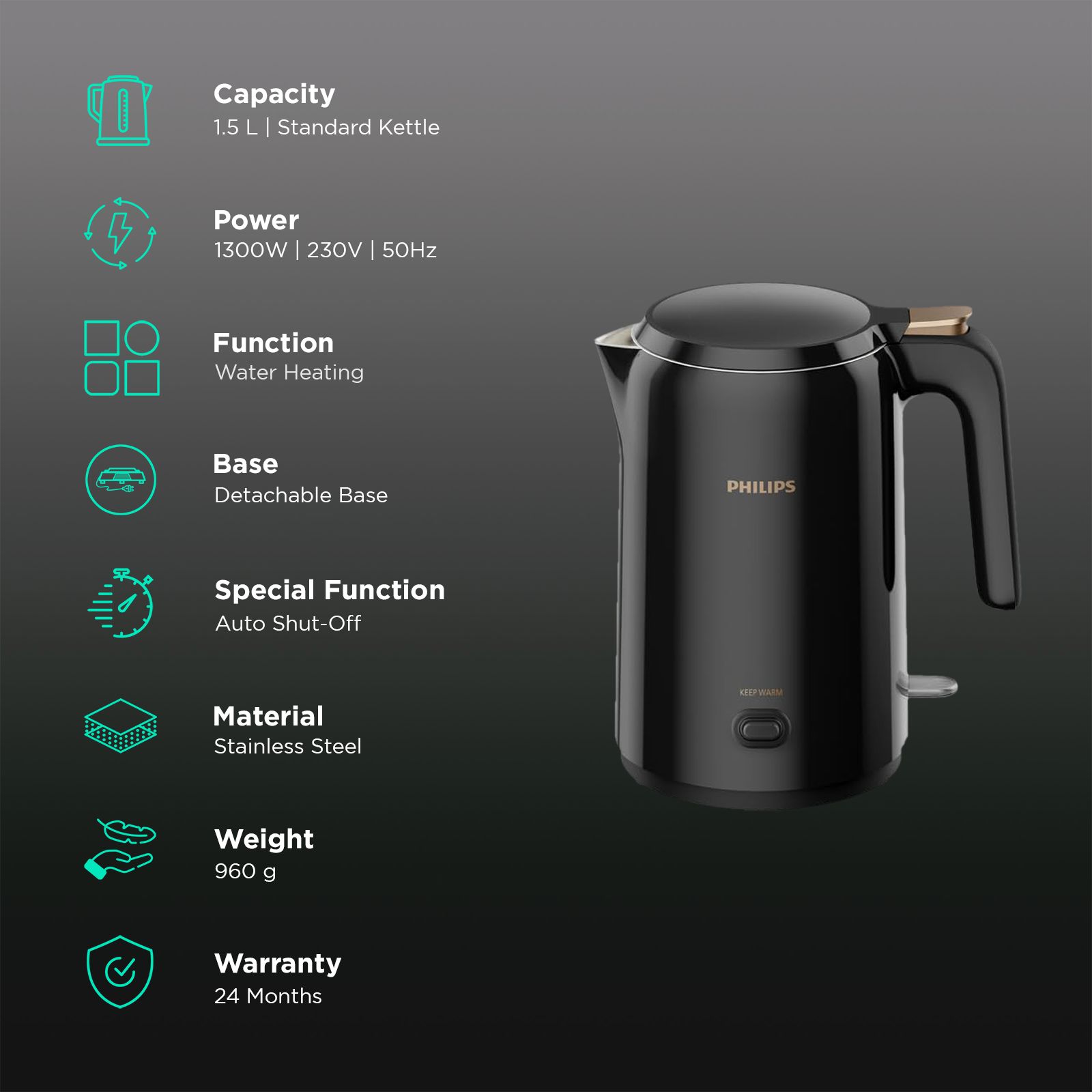 PHILIPS HD9378/80 1300 Watt 1.5 Litre Electric Kettle with Concealed Heating Element (Black) PHILIPS HD9378/80 1300 Watt 1.5 Litre Electric Kettle with Concealed Heating Element (Black)_3