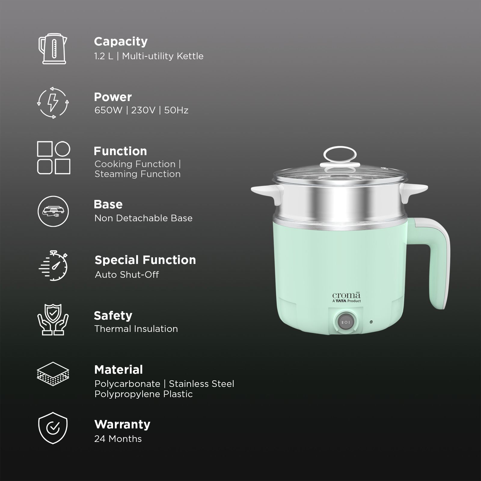 Croma AK5802 650 Watt 1.2 Litre Multi Cook Kettle with Auto Shut-Off (Green) Croma AK5802 650 Watt 1.2 Litre Multi Cook Kettle with Auto Shut-Off (Green)_3