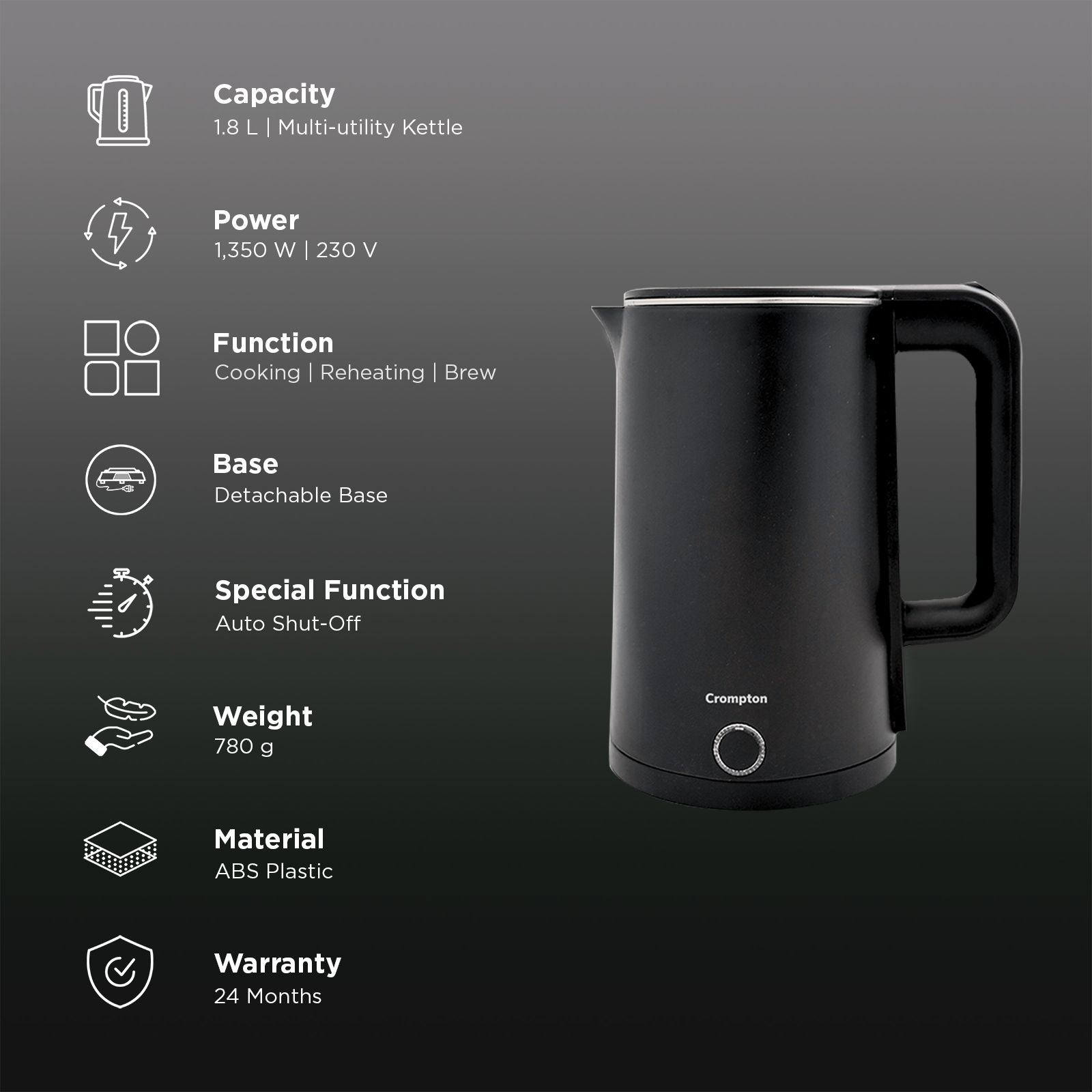 Crompton Activhot 1350 Watt 1.8 Litre Electric Kettle with Cool Touch Outer Body (Black) Crompton Activhot 1350 Watt 1.8 Litre Electric Kettle with Cool Touch Outer Body (Black)_3
