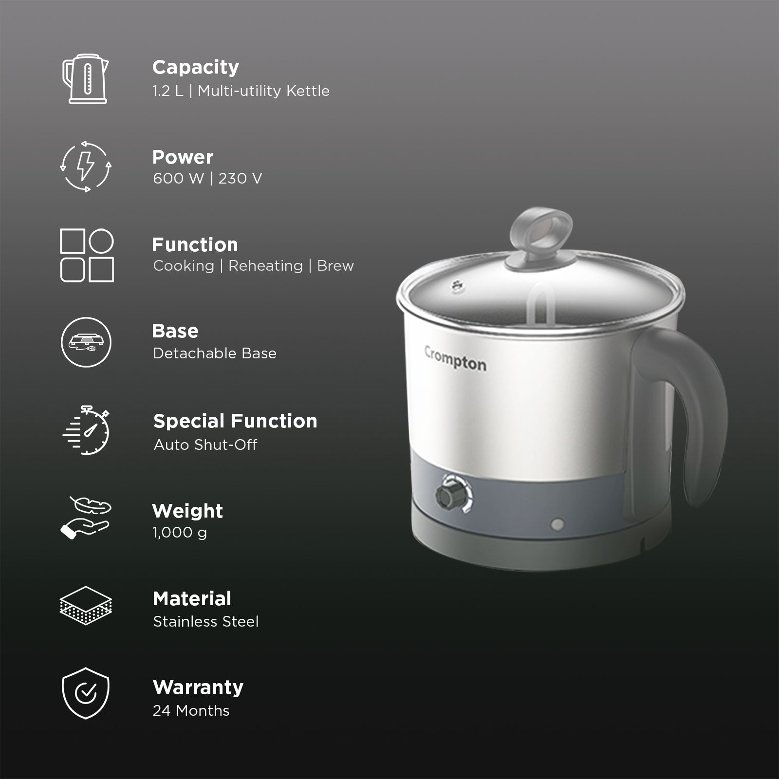 Crompton Instanourish 600 Watt 1.2 Litre Electric Kettle with Temperature Control Knob (Silver) Crompton Instanourish 600 Watt 1.2 Litre Electric Kettle with Temperature Control Knob (Silver)_3