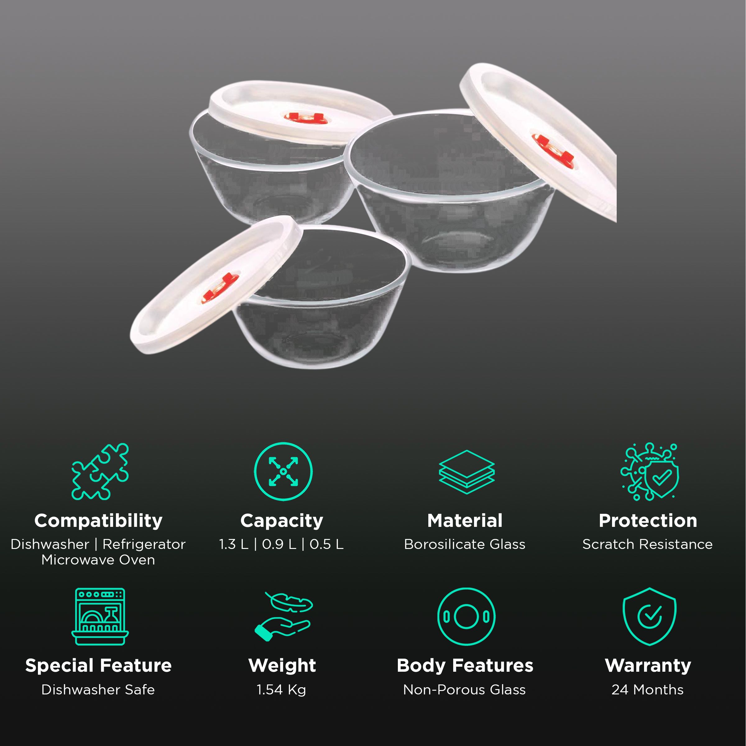 BOROSIL 500ml, 900ml & 1.3L Borosilicate Glass Mixing Bowl with White Lid (Set of 3, Scratch Resistant, Transparent)_2