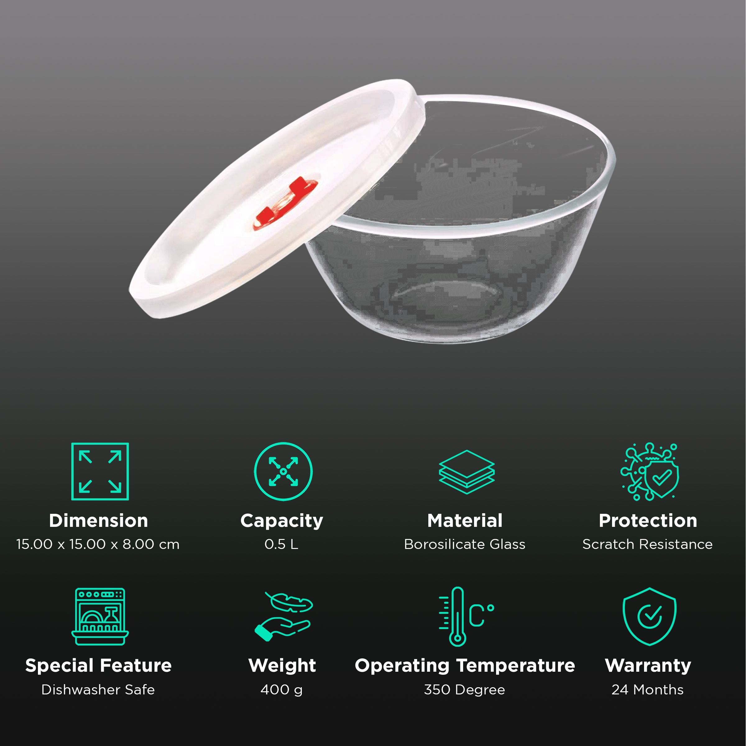 BOROSIL 500ml Borosilicate Glass Mixing & Serving Bowl with White Lid (Scratch Resistant, Transparent)_2