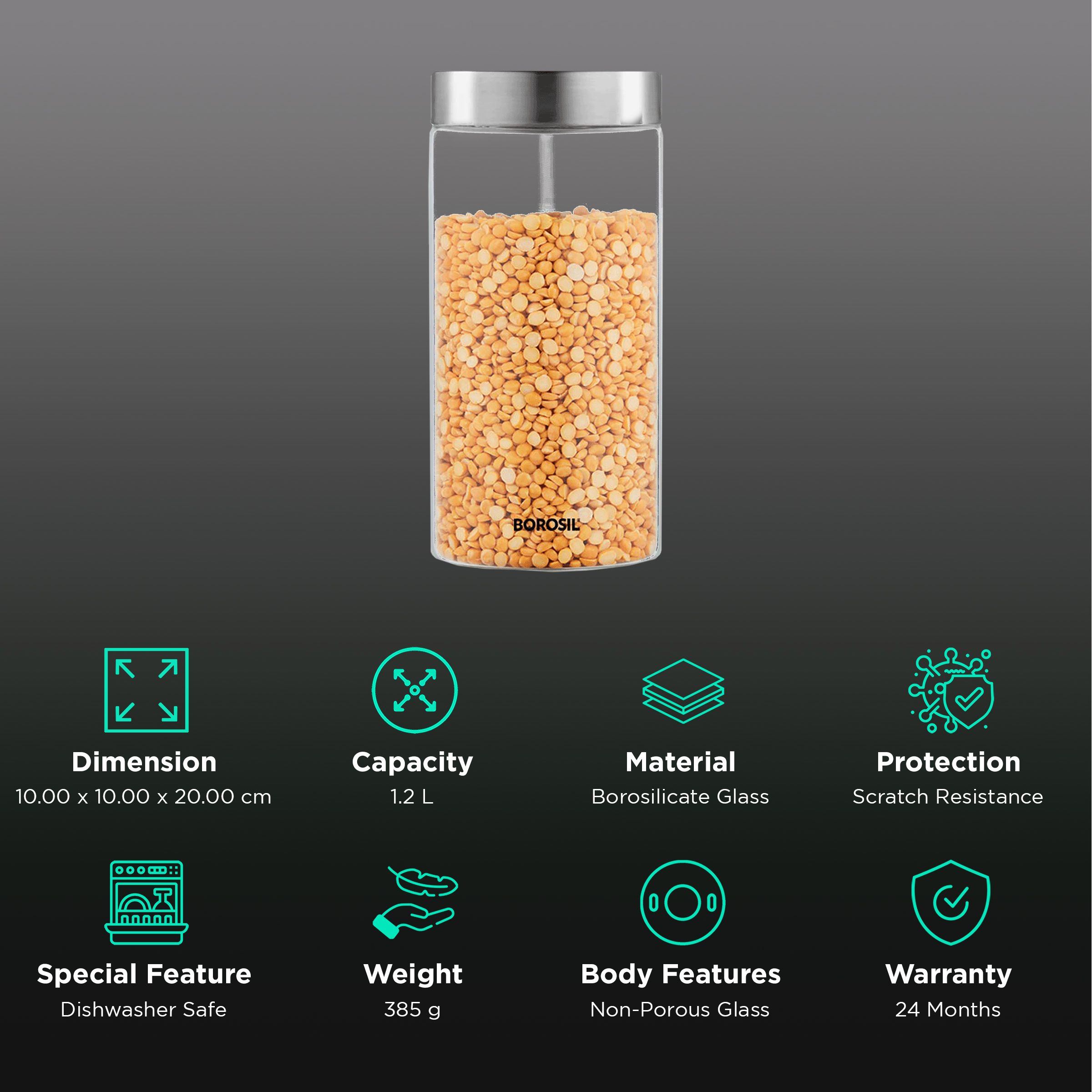 BOROSIL Endura 1.2L Borosilicate Glass Jar with Screw Top Lid (Scratch Resistant, Transparent) BOROSIL Endura 1.2L Borosilicate Glass Jar with Screw Top Lid (Scratch Resistant, Transparent)_2