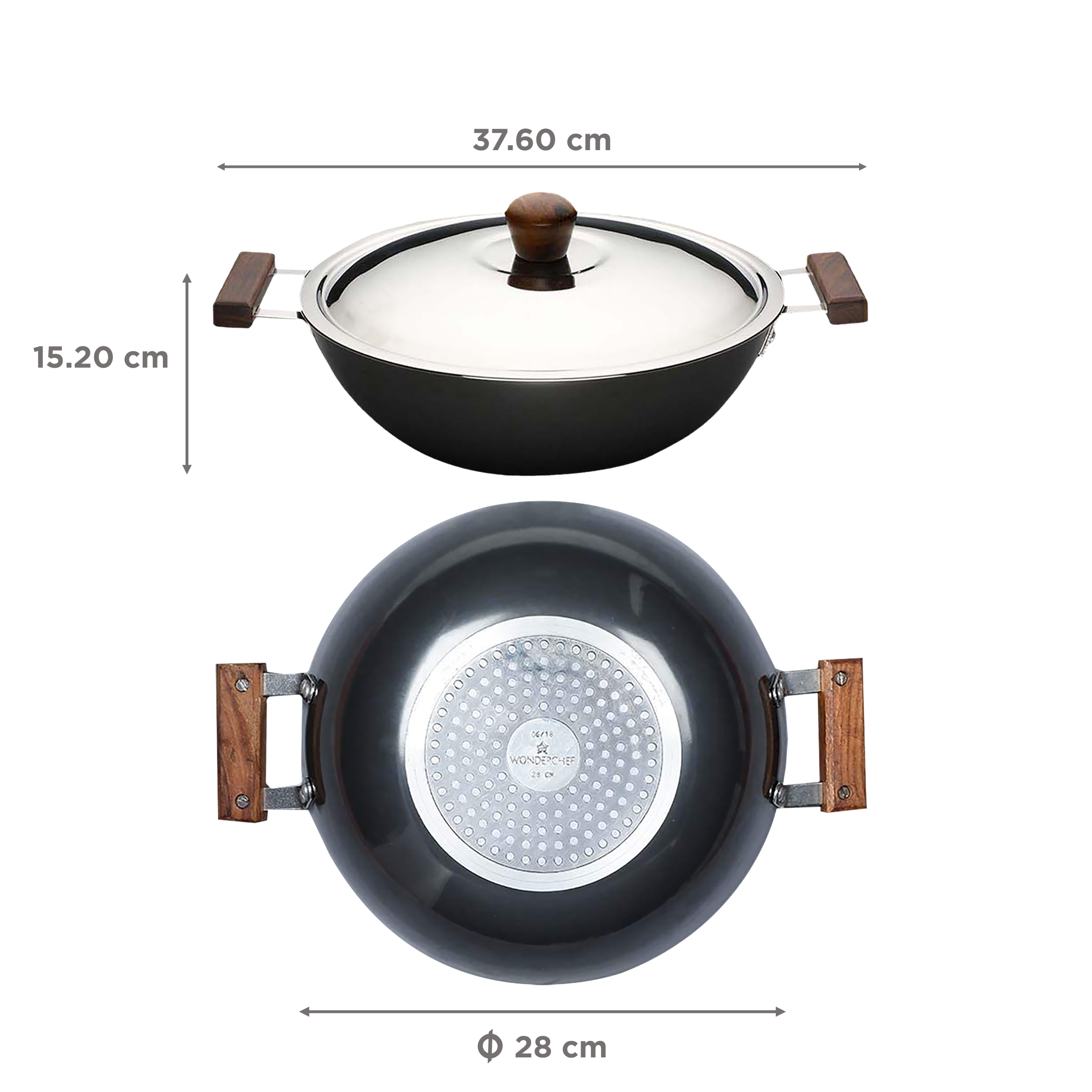 WONDERCHEF Ebony 4.5L Aluminium Wok with Stainless Steel Lid (Induction Compatible, Even Heat Distribution, Black/Brown) WONDERCHEF Ebony 4.5L Aluminium Wok with Stainless Steel Lid (Induction Compatible, Even Heat Distribution, Black/Brown)_2