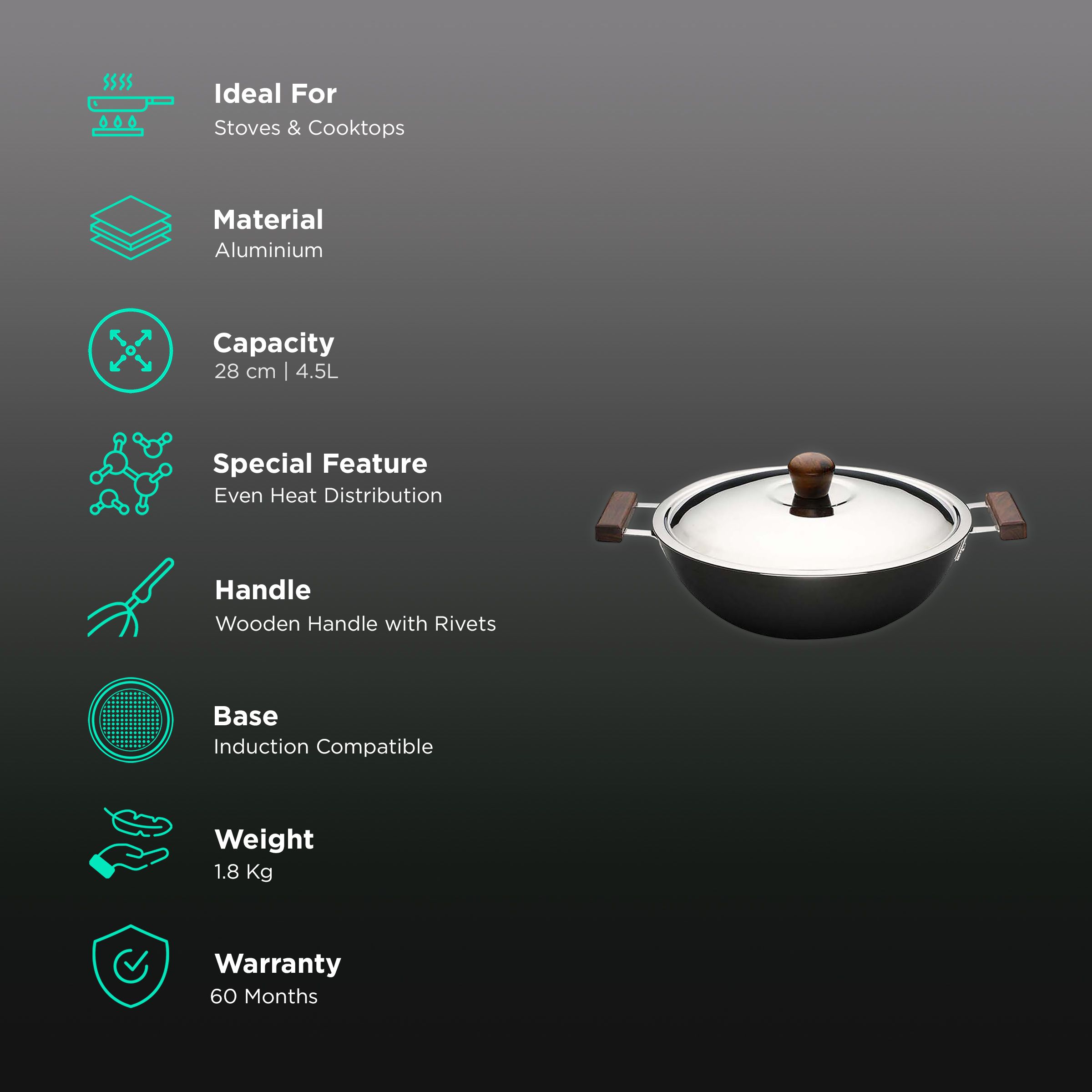 WONDERCHEF Ebony 4.5L Aluminium Wok with Stainless Steel Lid (Induction Compatible, Even Heat Distribution, Black/Brown) WONDERCHEF Ebony 4.5L Aluminium Wok with Stainless Steel Lid (Induction Compatible, Even Heat Distribution, Black/Brown)_3