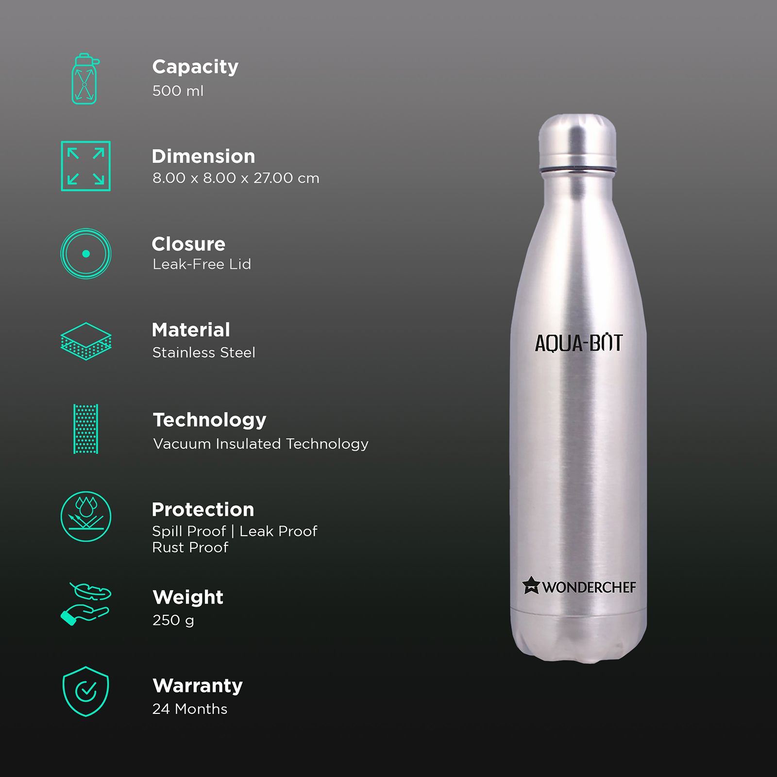 WONDERCHEF Aqua-Bot 0.5 Litres Stainless Steel Water Bottle (Vacuum Insulation, Silver) WONDERCHEF Aqua-Bot 0.5 Litres Stainless Steel Water Bottle (Vacuum Insulation, Silver)_3