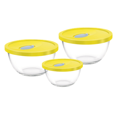 Treo 500ml, 1L & 1.5L Glass Mixing Bowl with Flexi Lid (Set of 3, BPA Free, Transparent)