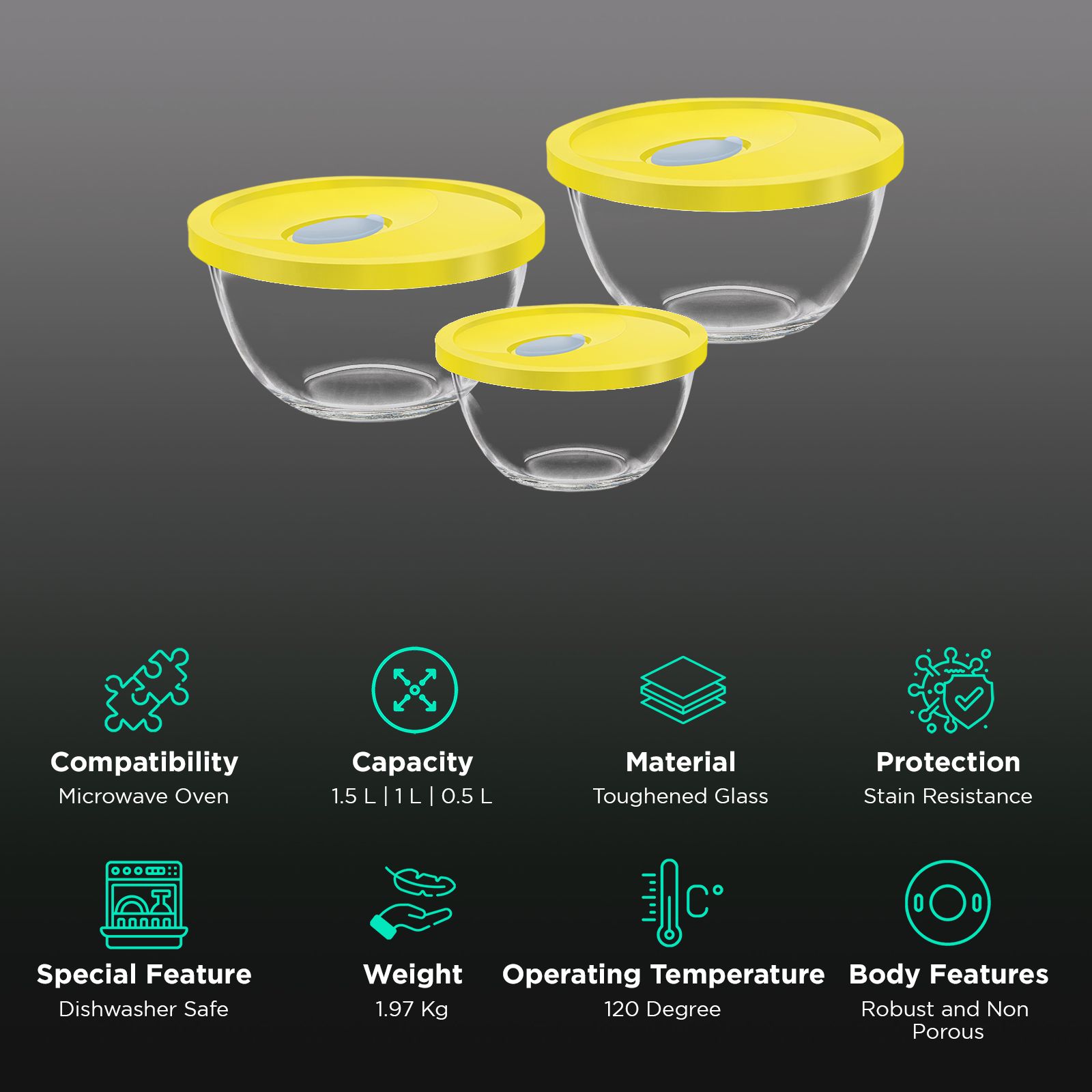 Treo 500ml, 1L & 1.5L Glass Mixing Bowl with Flexi Lid (Set of 3, BPA Free, Transparent) Treo 500ml, 1L & 1.5L Glass Mixing Bowl with Flexi Lid (Set of 3, BPA Free, Transparent)_2