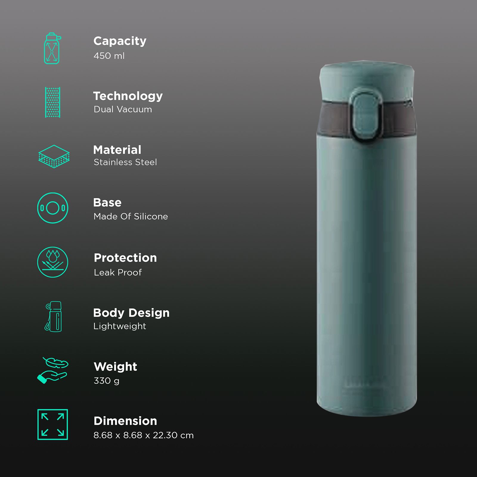 LocknLock Wannabe 450 ml Cylindrical Stainless Steel Water Bottle (Leak proof, LHC3240BLK, Green) LocknLock Wannabe 450 ml Cylindrical Stainless Steel Water Bottle (Leak proof, LHC3240BLK, Green)_3