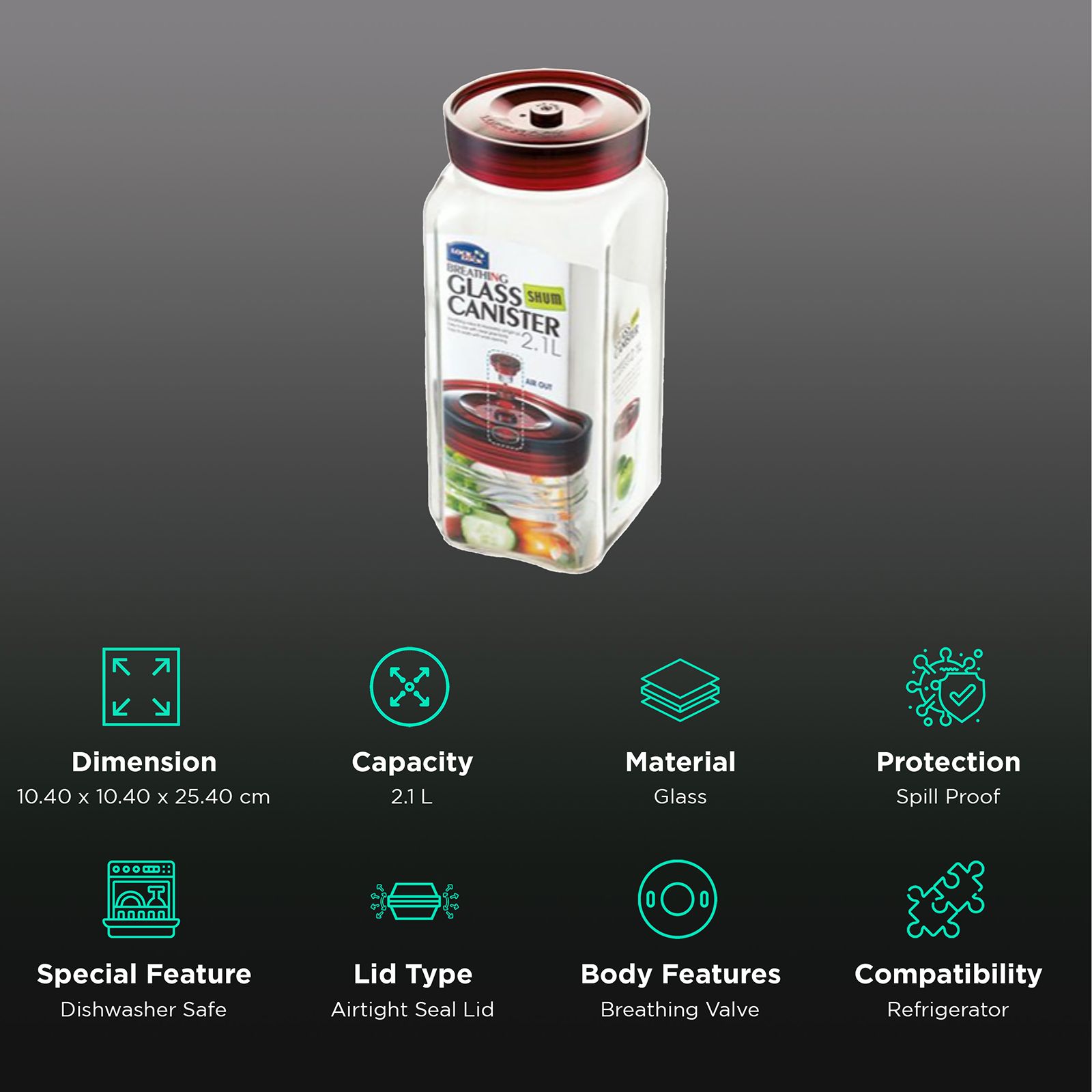 LocknLock Shum 2.1 Litres Square Glass Storage Container (Breathing Valve, LLG553, Transparent)_2