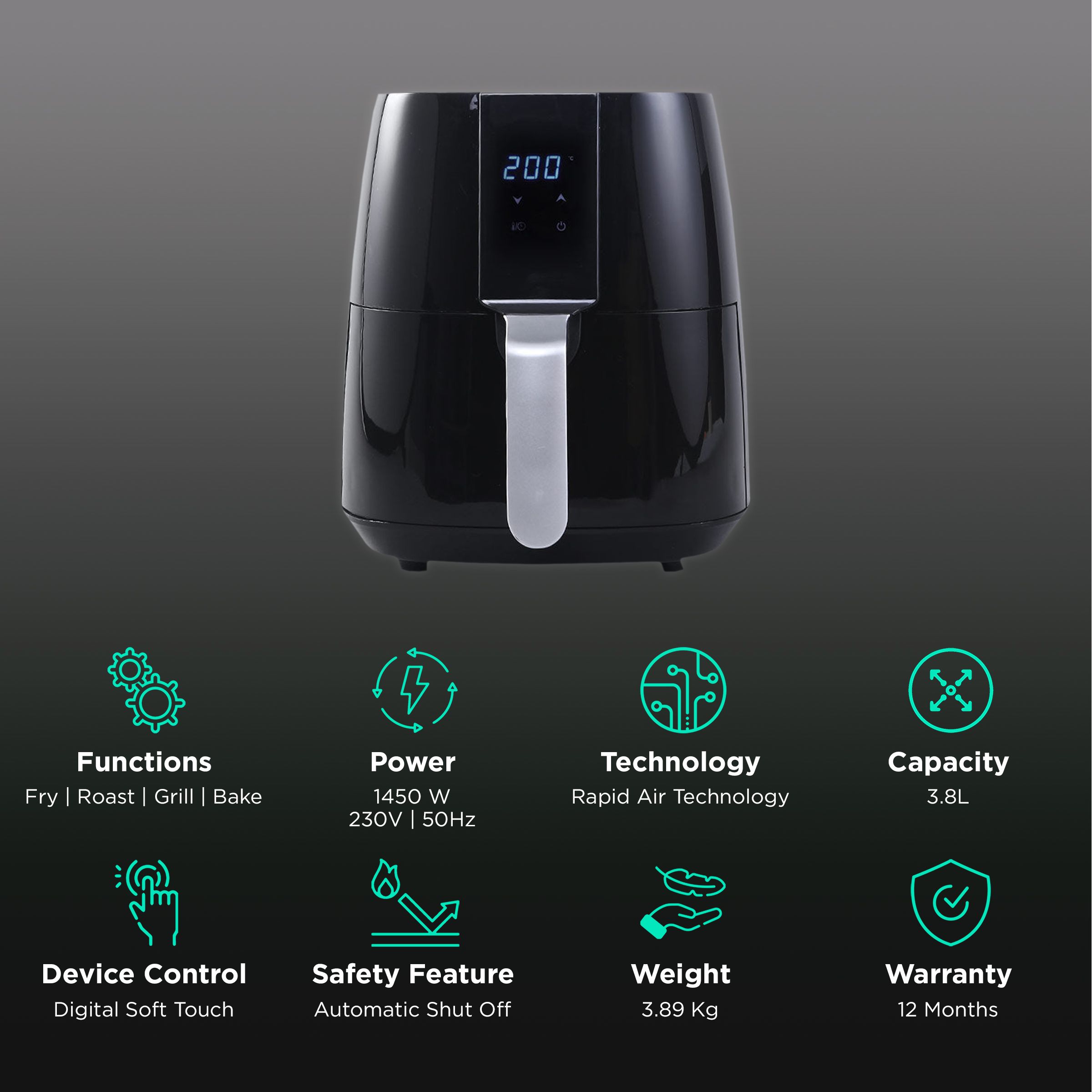 WONDERCHEF Prato 3.8L 1450 Watt Digital Air Fryer with Rapid Air Technology (Black) WONDERCHEF Prato 3.8L 1450 Watt Digital Air Fryer with Rapid Air Technology (Black)_3