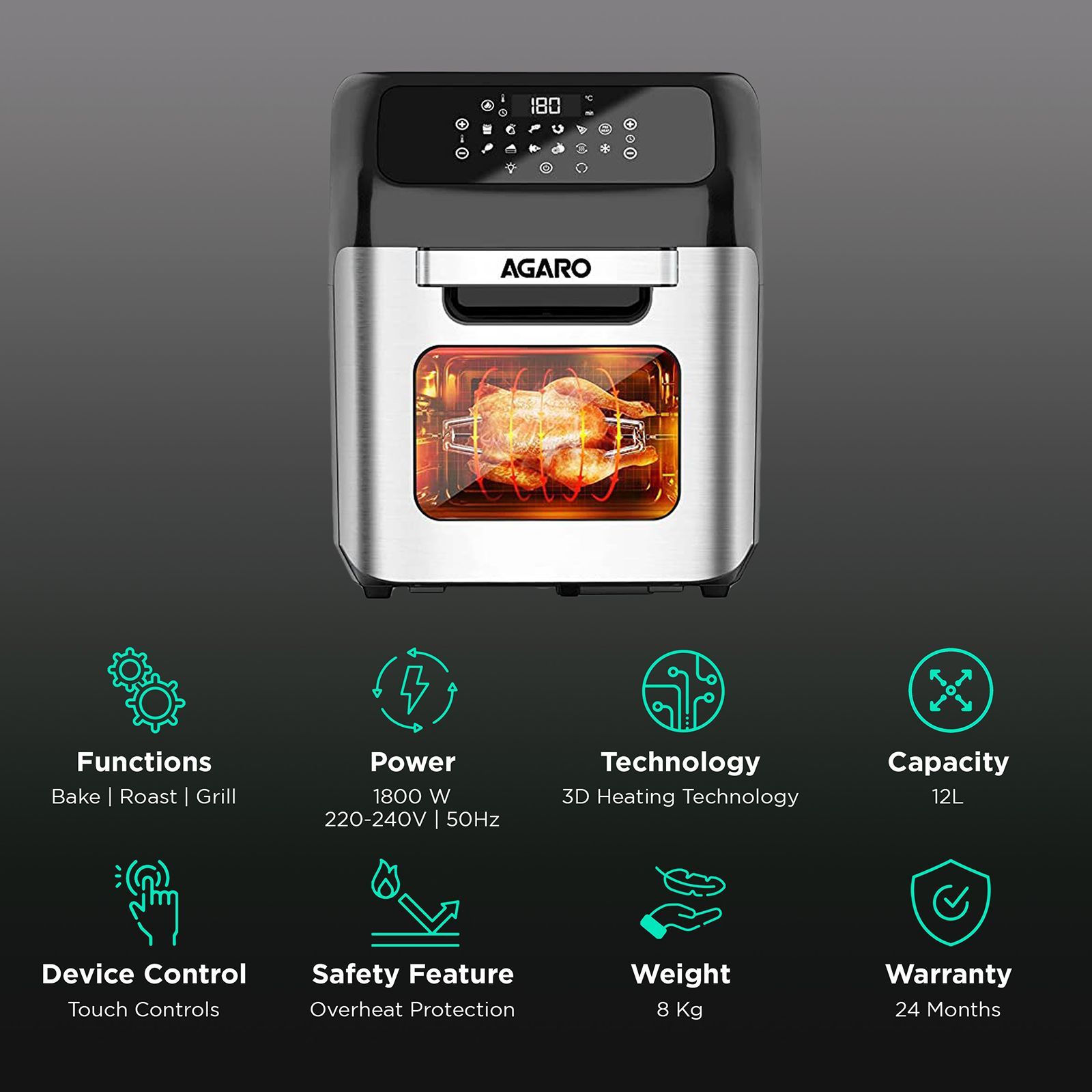 AGARO Regency 12L 1800 Watt Digital Air Fryer with 360 Degree Heat Circulation Technology (Silver)_3