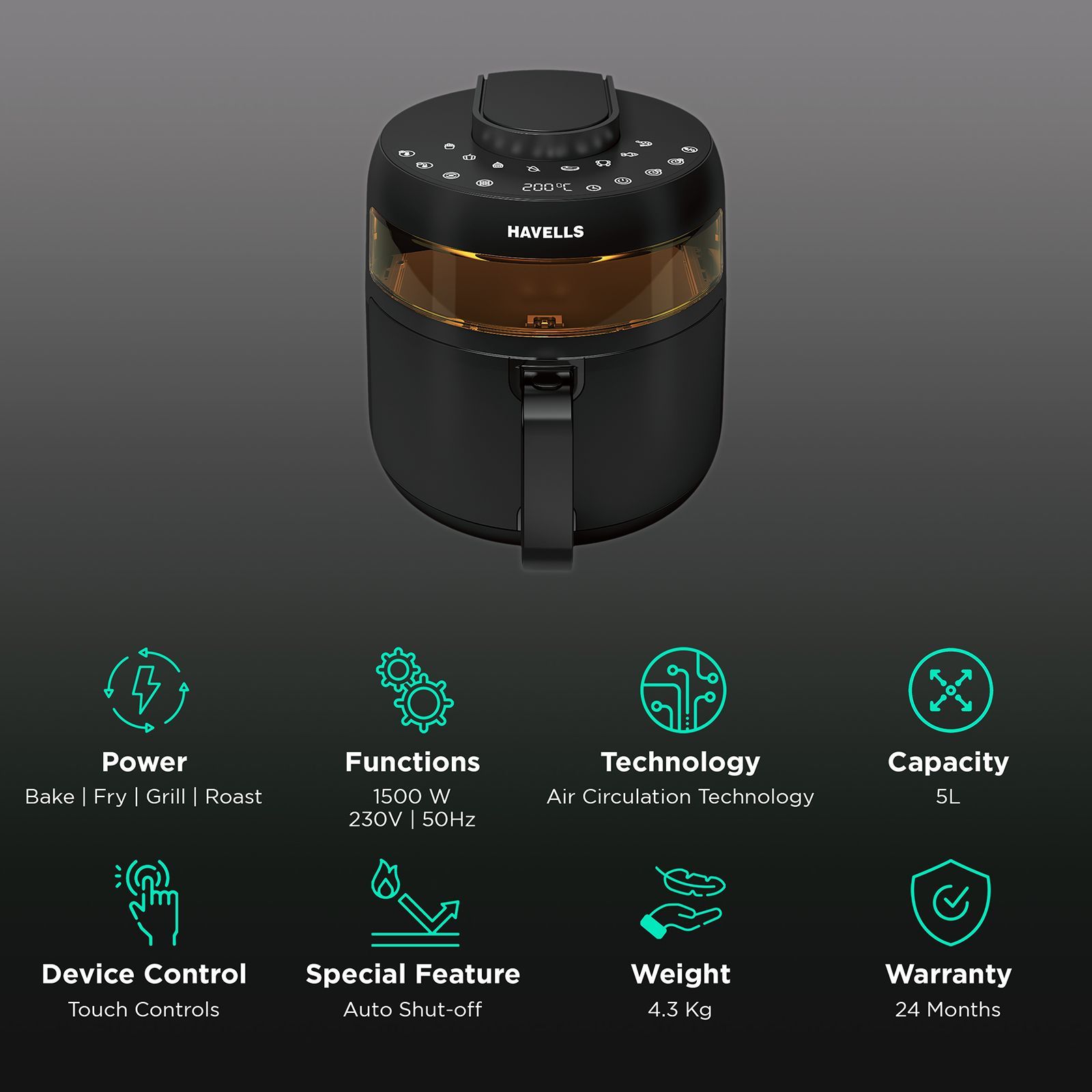HAVELLS Prolife Crystal 5L 1500 Watt Digital Air Fryer with 8 Preset Options (Black)_3