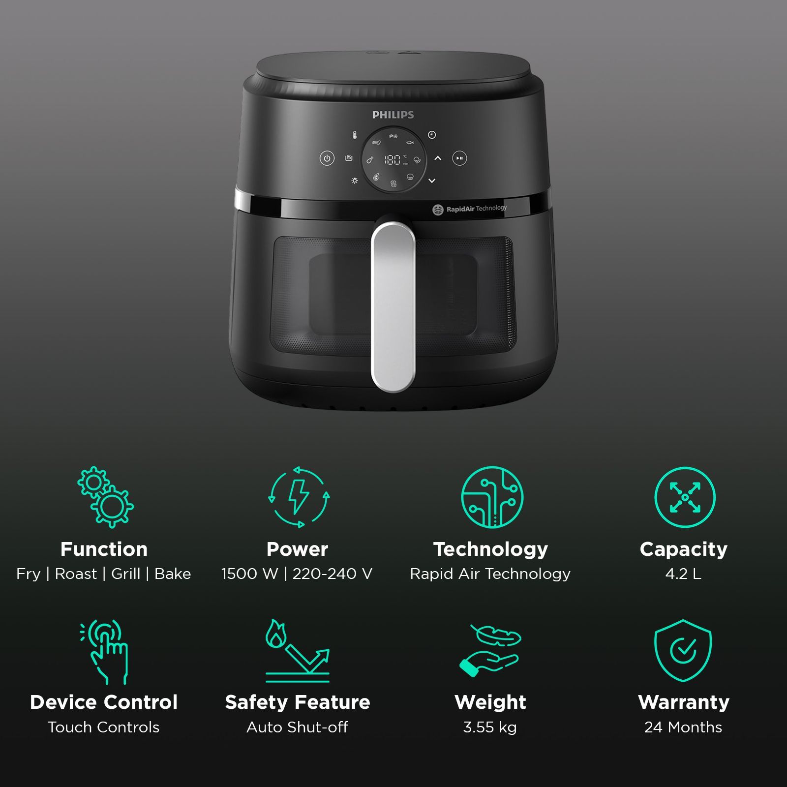 PHILIPS 2000 Series 4.2L 1500 Watt Digital Air Fryer with Rapid Air Technology (Black)_3
